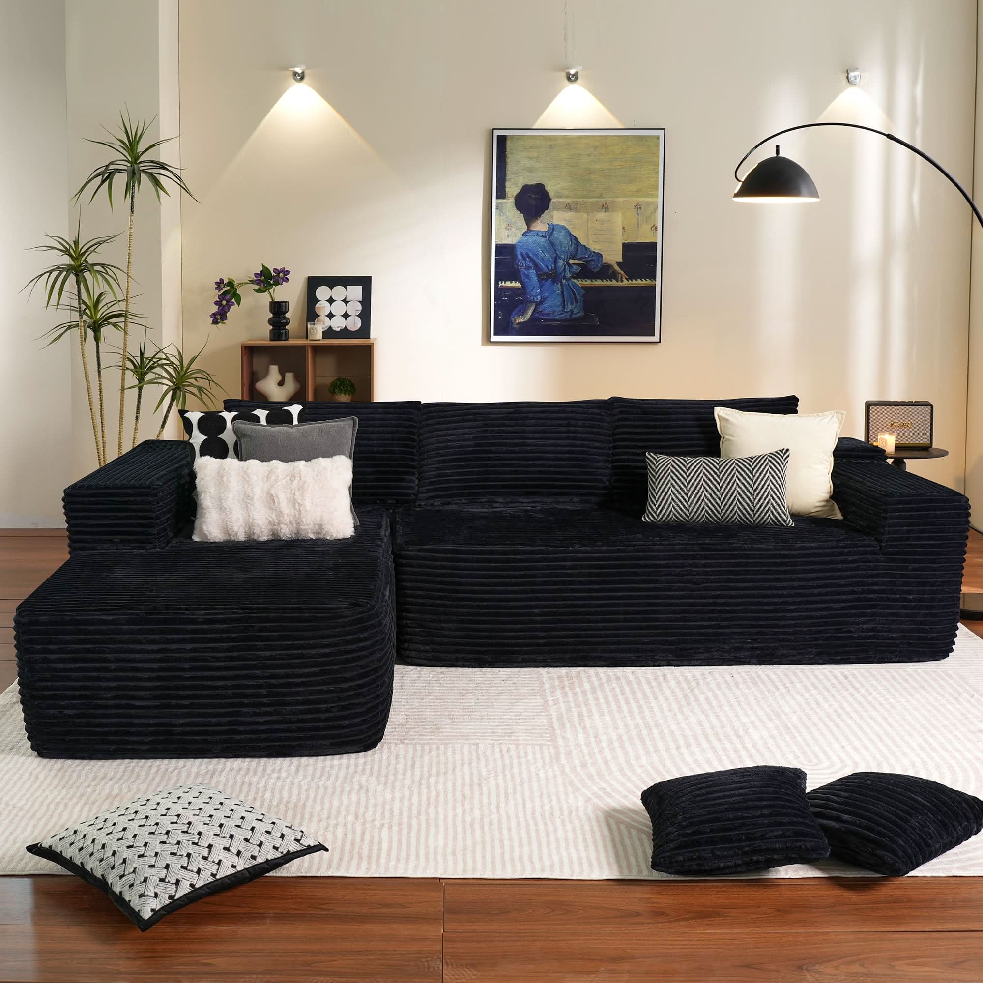 No Assembly Required  104" L-Shape Modular Couch with Chaise, Plush Corduroy Fabric, 