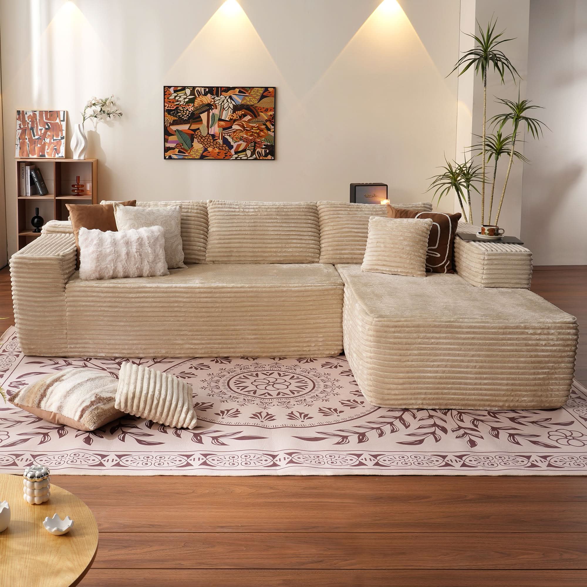 No Assembly Required  104" L-Shape Modular Couch with Chaise, Plush Corduroy Fabric, 