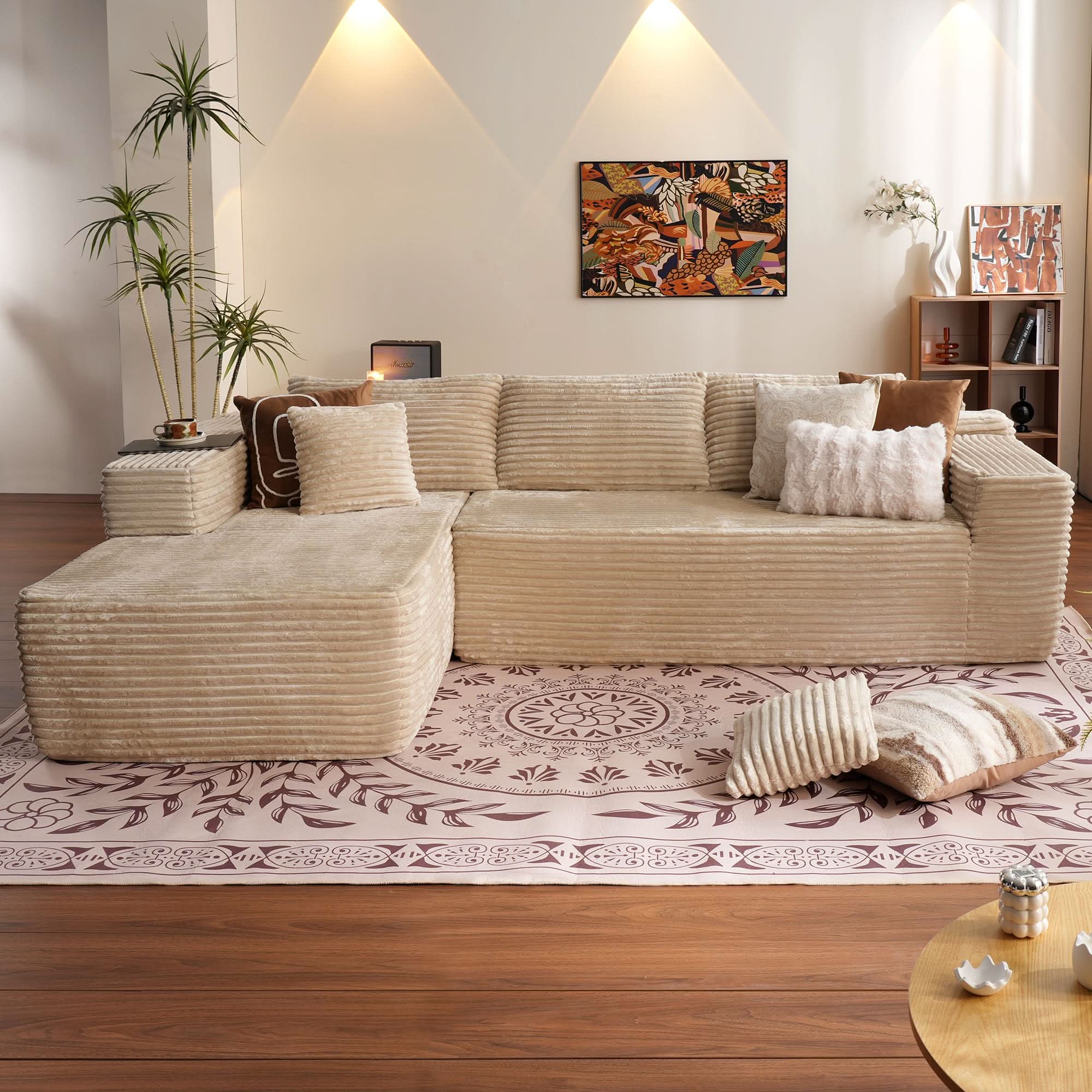 No Assembly Required  104" L-Shape Modular Couch with Chaise, Plush Corduroy Fabric, 