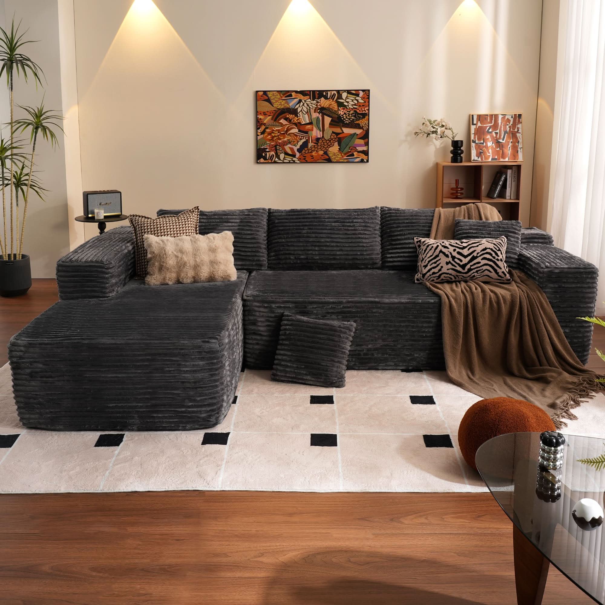 No Assembly Required  104" L-Shape Modular Couch with Chaise, Plush Corduroy Fabric, 