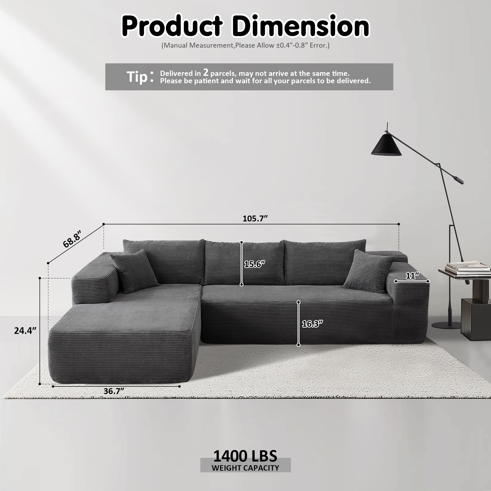 No Assembly Required  104" L-Shape Modular Couch with Chaise, Plush Corduroy Fabric, 