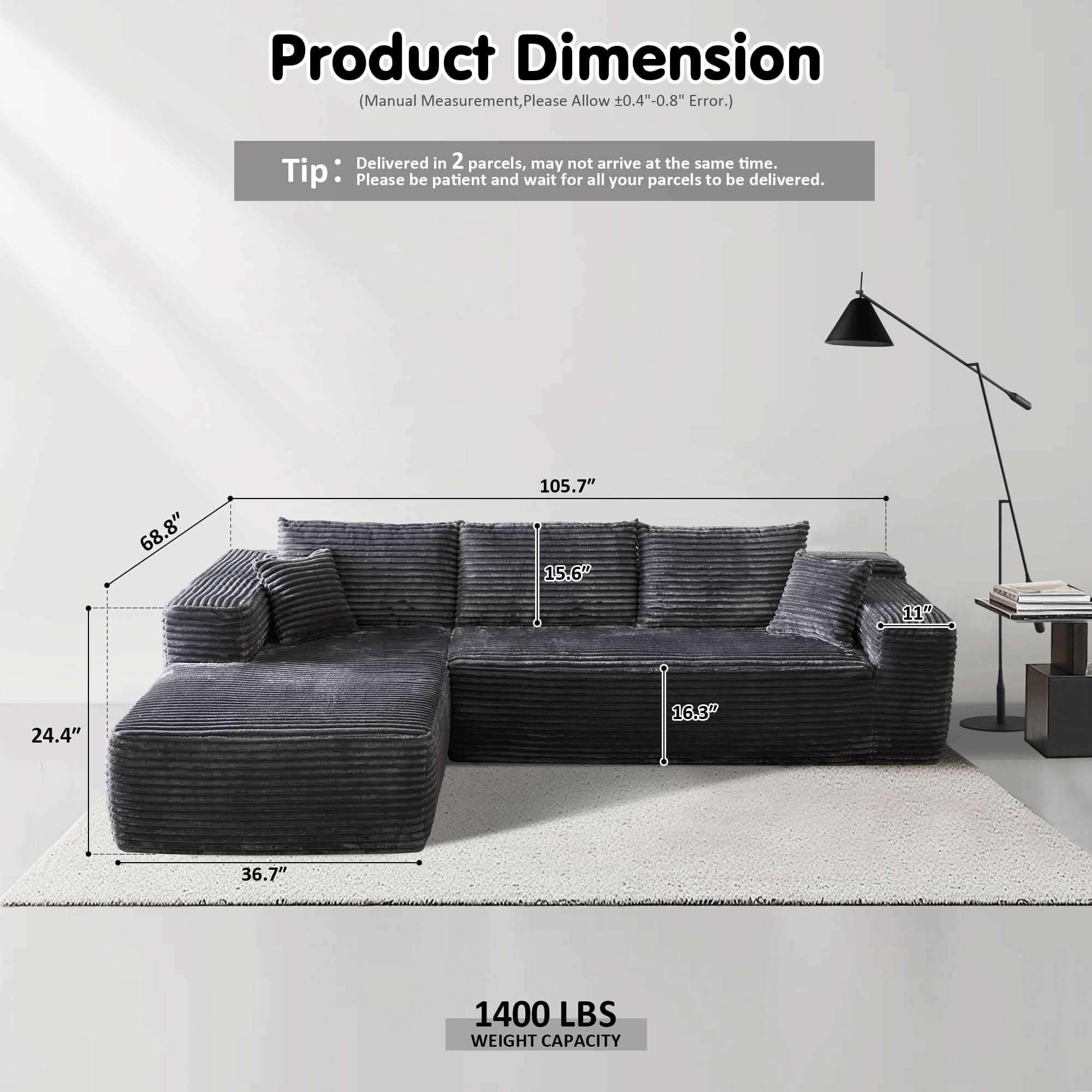 No Assembly Required  104" L-Shape Modular Couch with Chaise, Plush Corduroy Fabric, 
