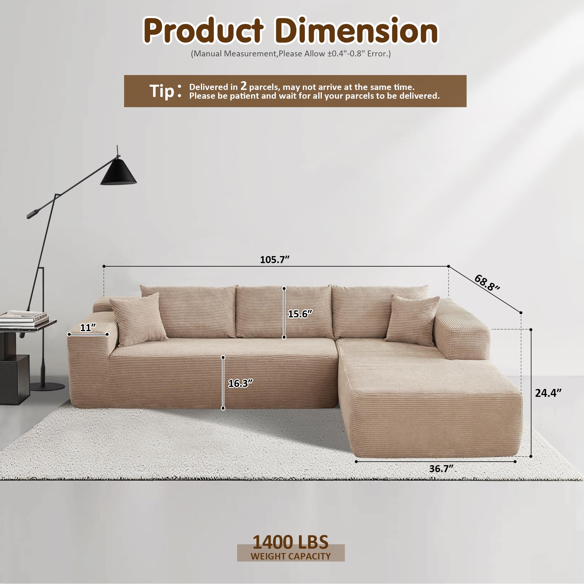 No Assembly Required  104" L-Shape Modular Couch with Chaise, Plush Corduroy Fabric, 