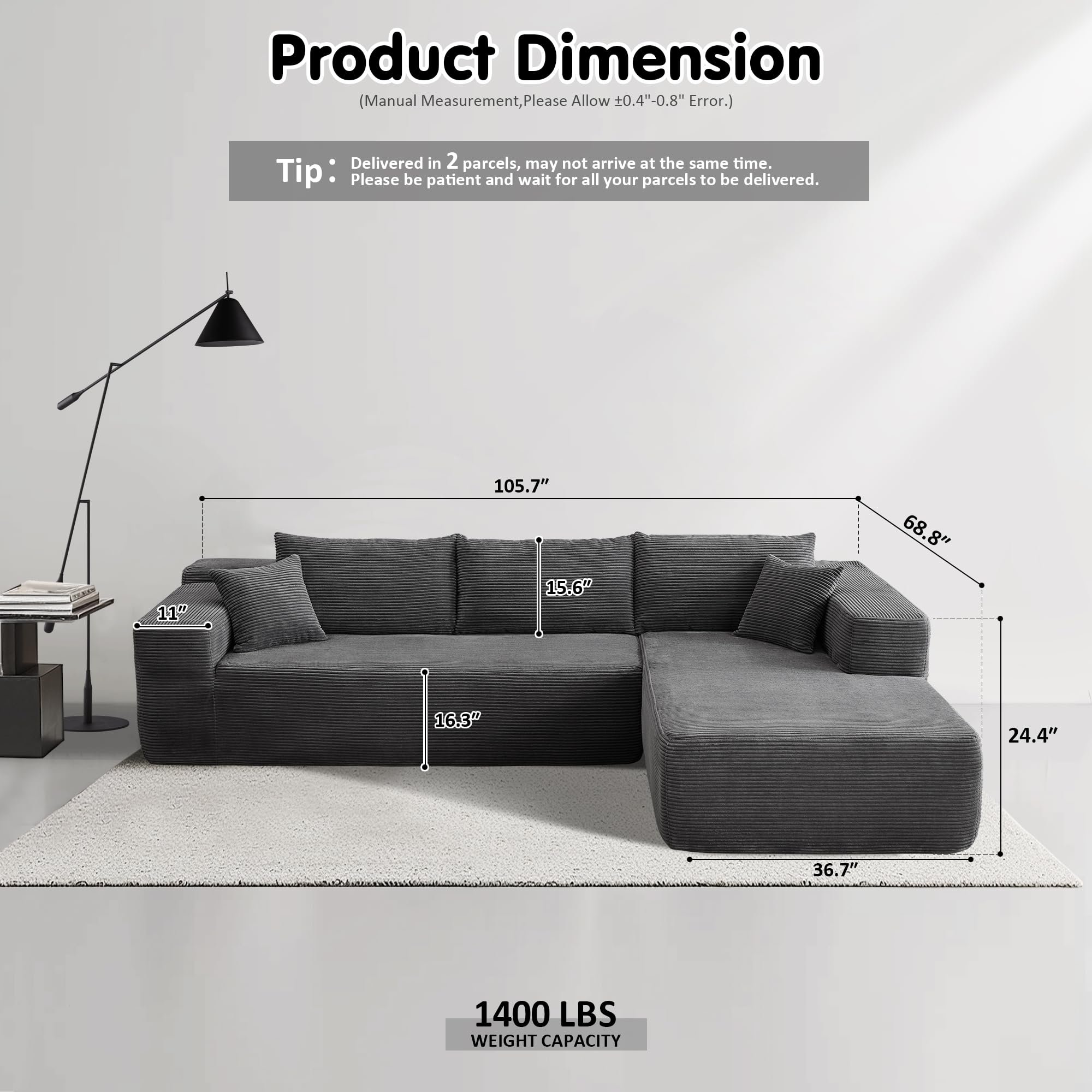 No Assembly Required  104" L-Shape Modular Couch with Chaise, Plush Corduroy Fabric, 
