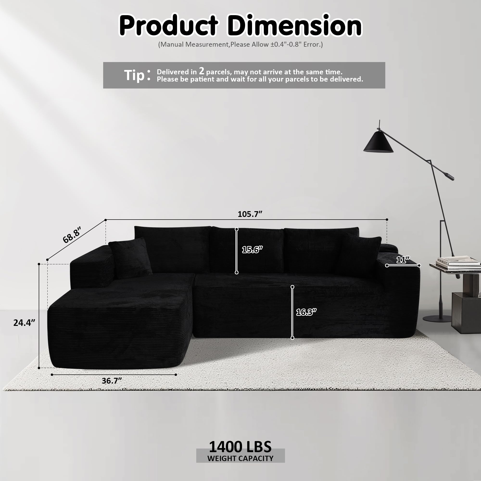 No Assembly Required  104" L-Shape Modular Couch with Chaise, Plush Corduroy Fabric, 