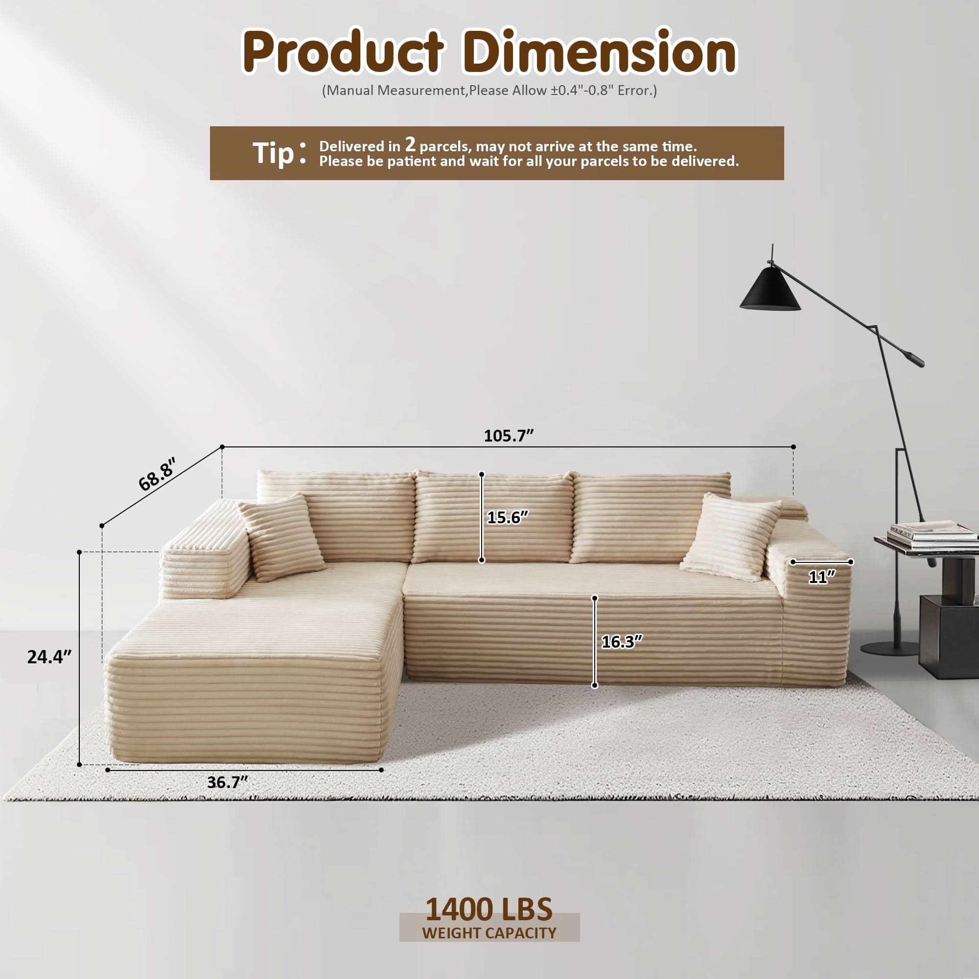 No Assembly Required  104" L-Shape Modular Couch with Chaise, Plush Corduroy Fabric, 