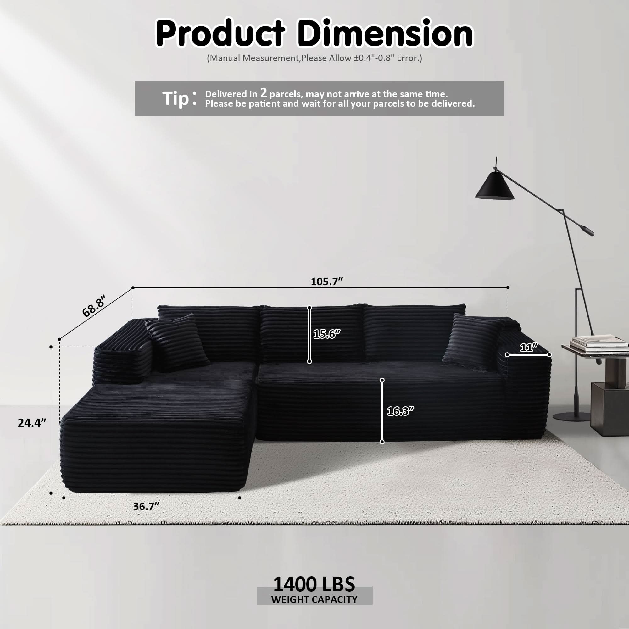 No Assembly Required  104" L-Shape Modular Couch with Chaise, Plush Corduroy Fabric, 