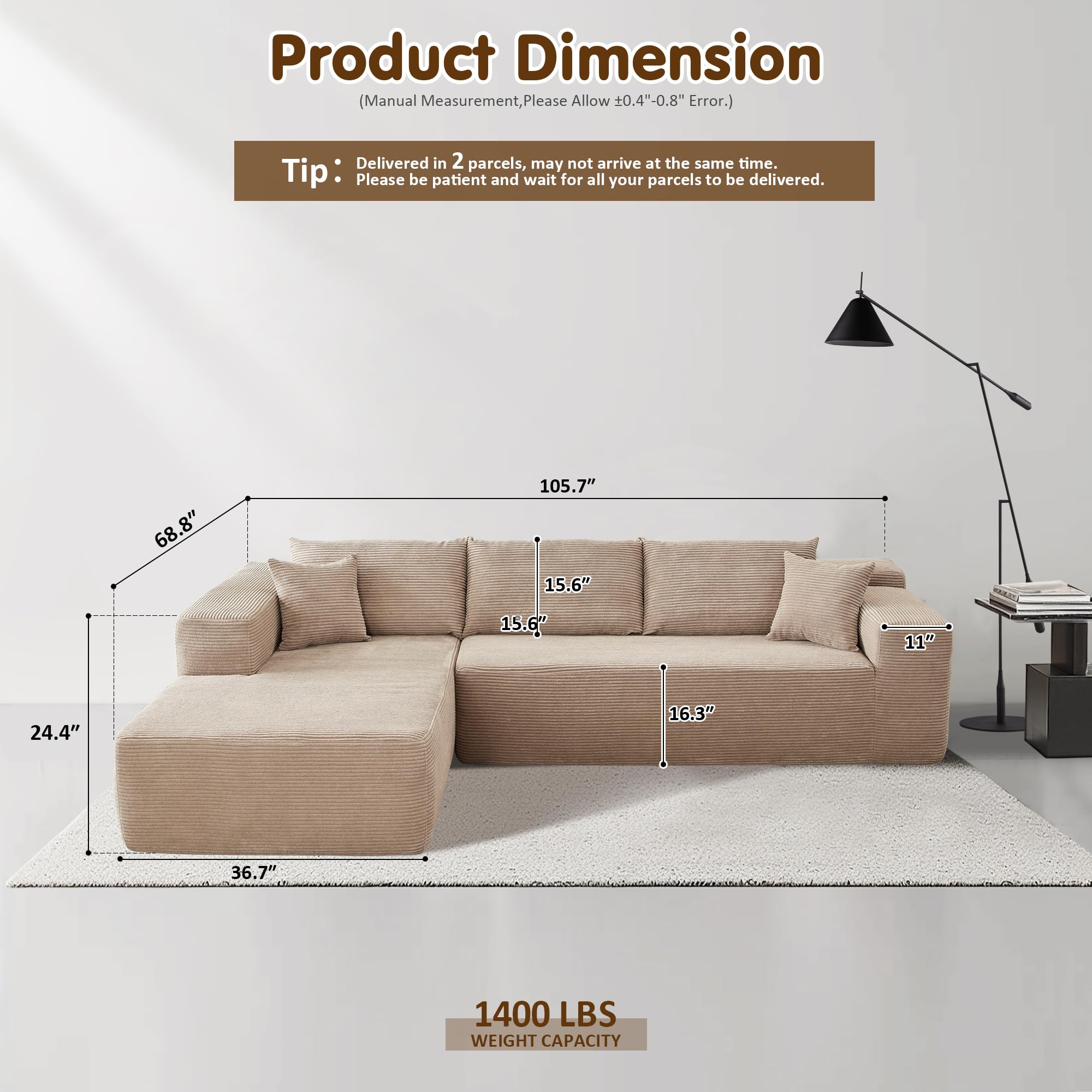 No Assembly Required  104" L-Shape Modular Couch with Chaise, Plush Corduroy Fabric, 