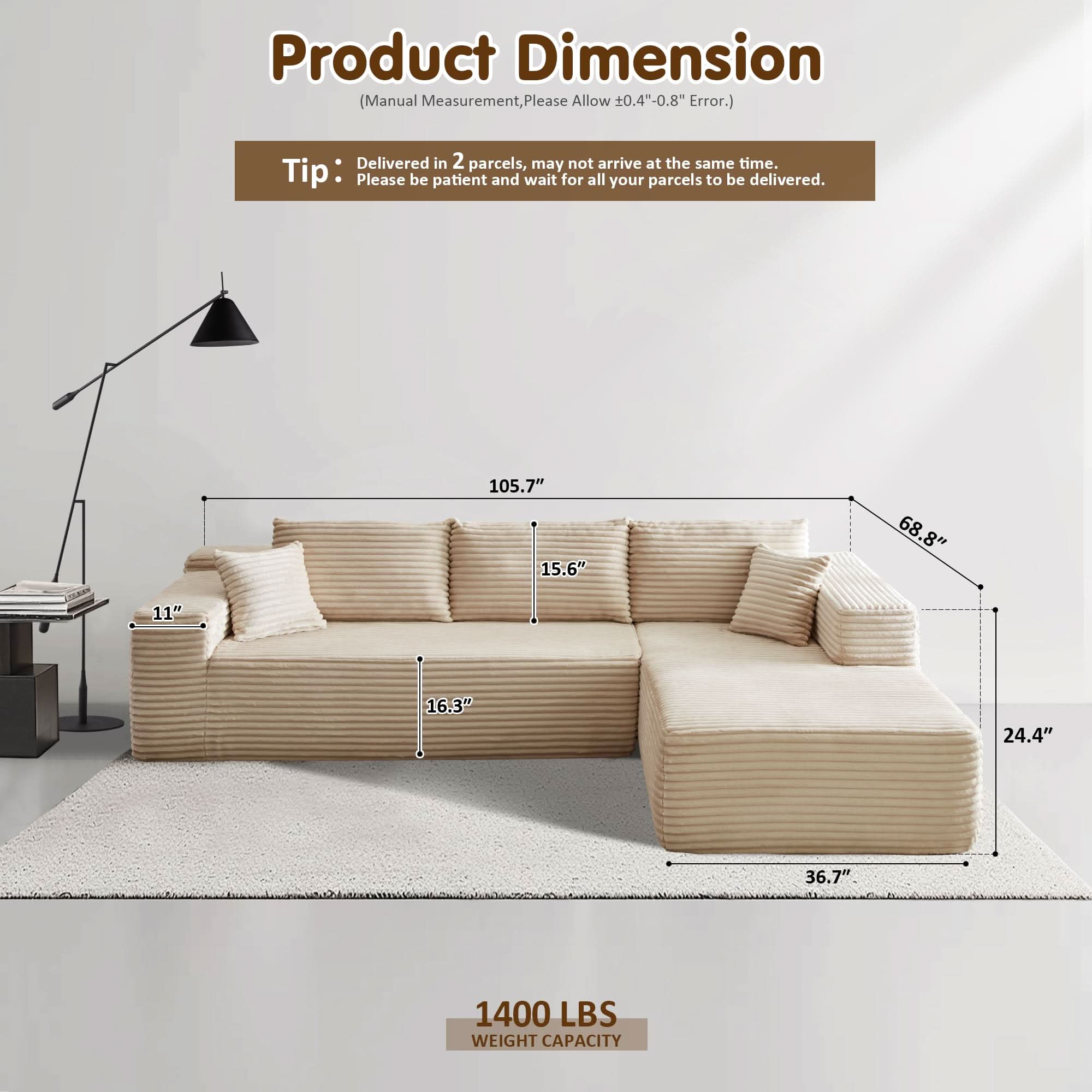 No Assembly Required  104" L-Shape Modular Couch with Chaise, Plush Corduroy Fabric, 