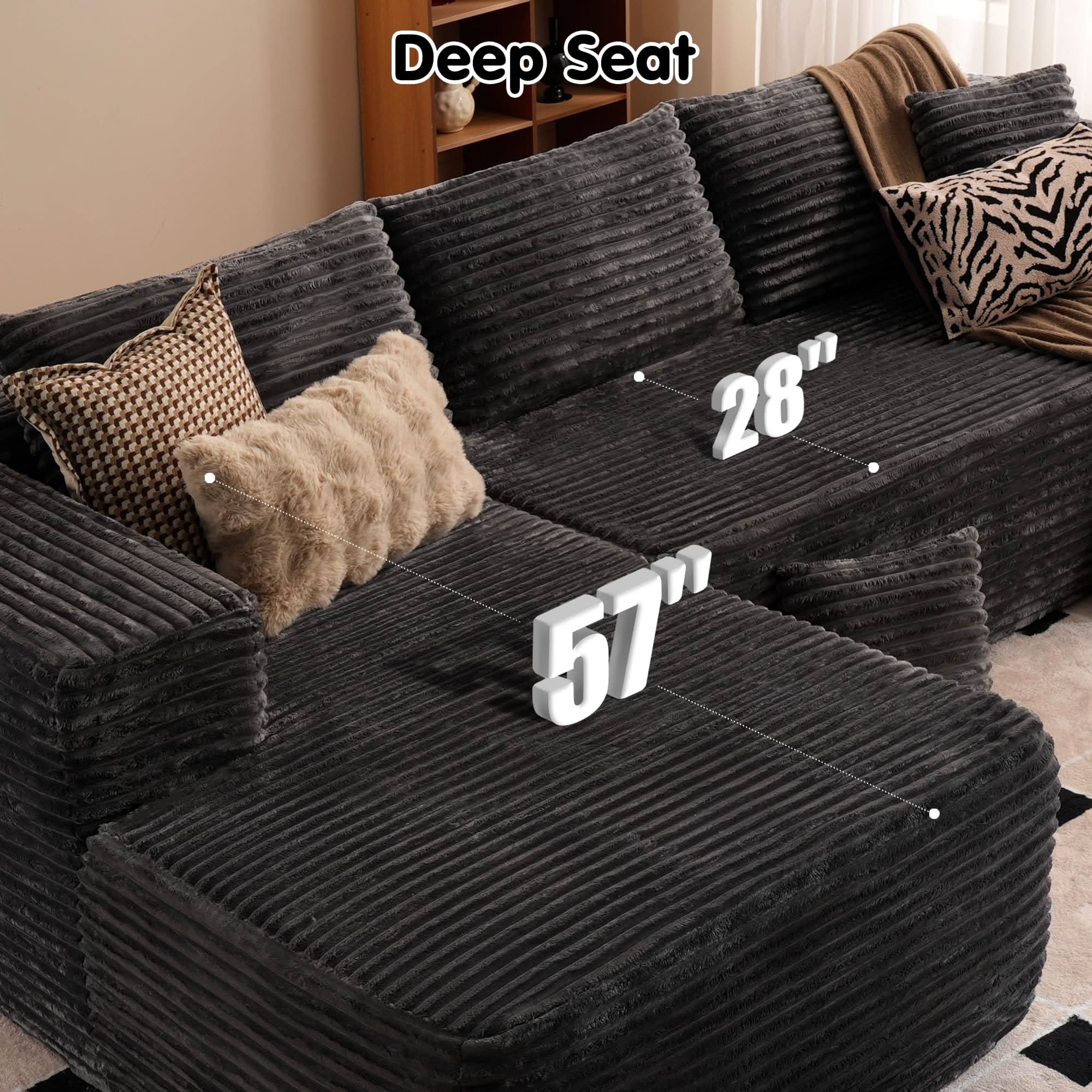 No Assembly Required  104" L-Shape Modular Couch with Chaise, Plush Corduroy Fabric, 