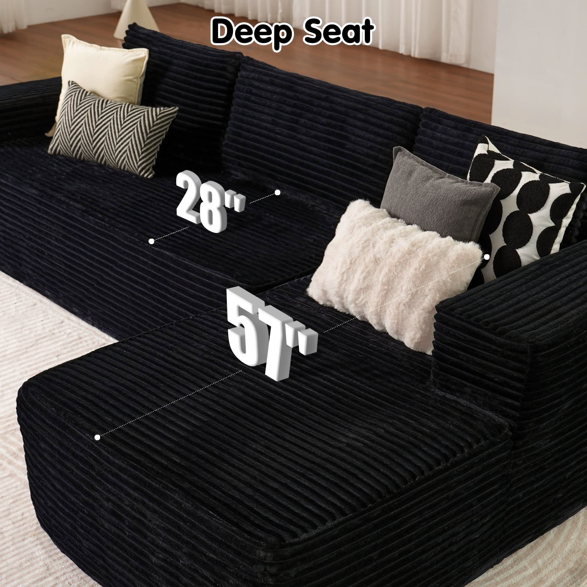 No Assembly Required  104" L-Shape Modular Couch with Chaise, Plush Corduroy Fabric, 