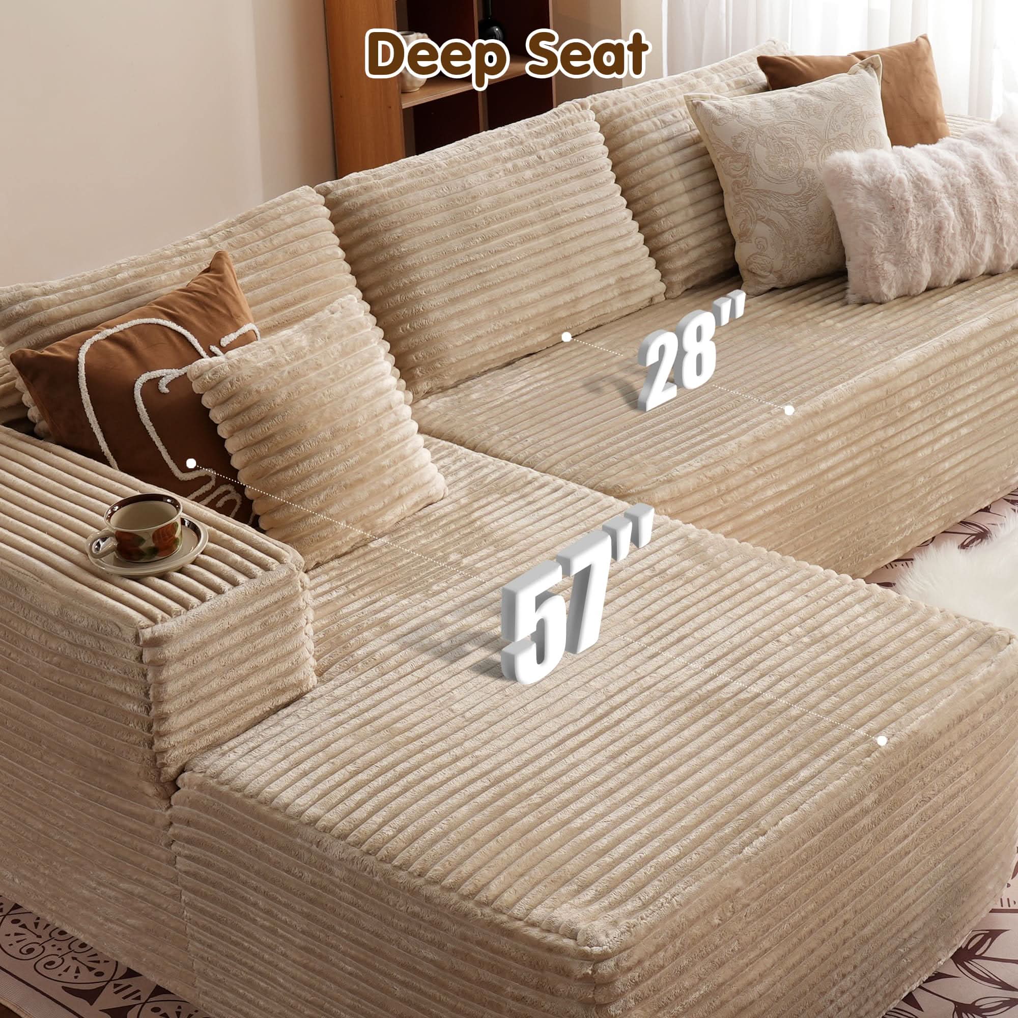 No Assembly Required  104" L-Shape Modular Couch with Chaise, Plush Corduroy Fabric, 