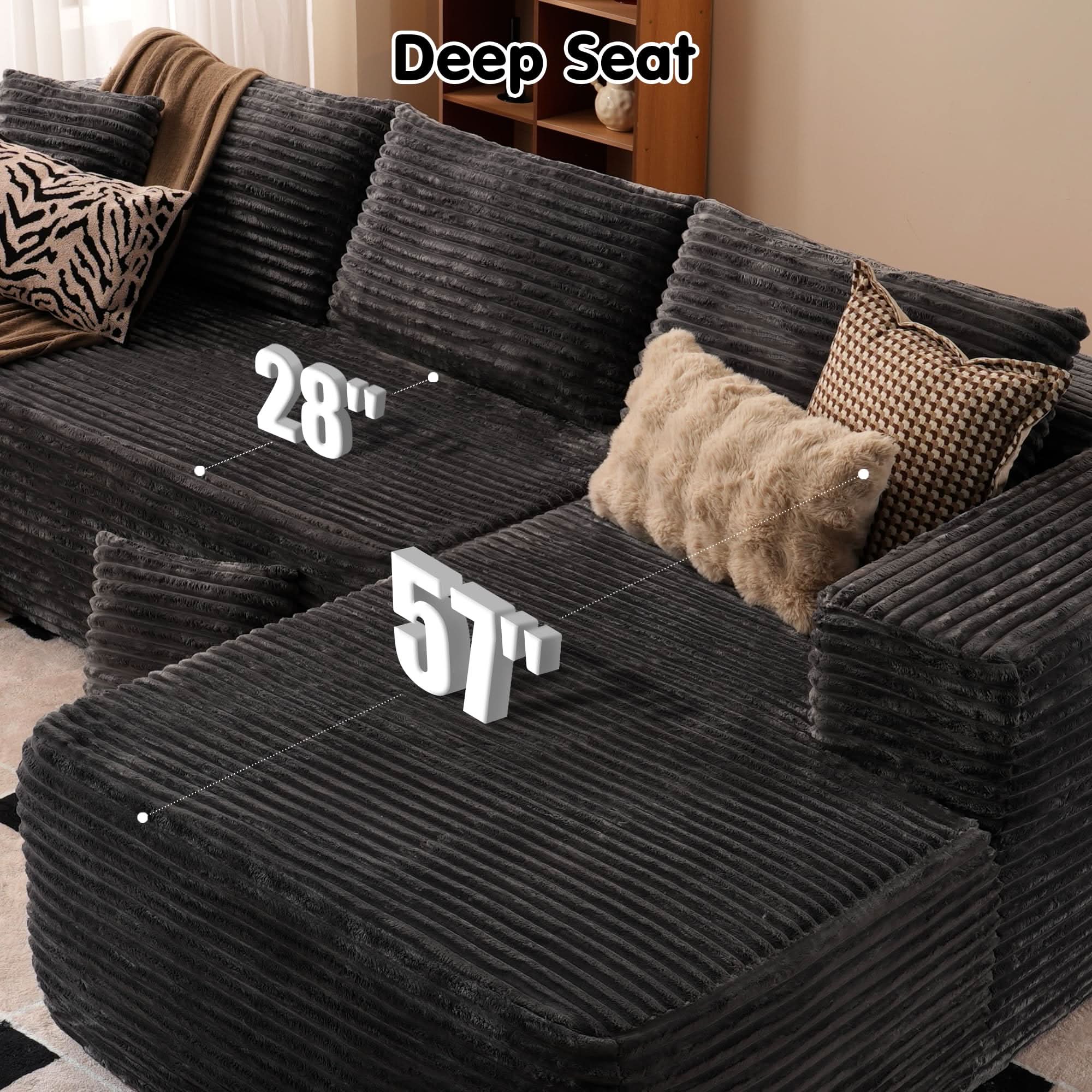 No Assembly Required  104" L-Shape Modular Couch with Chaise, Plush Corduroy Fabric, 