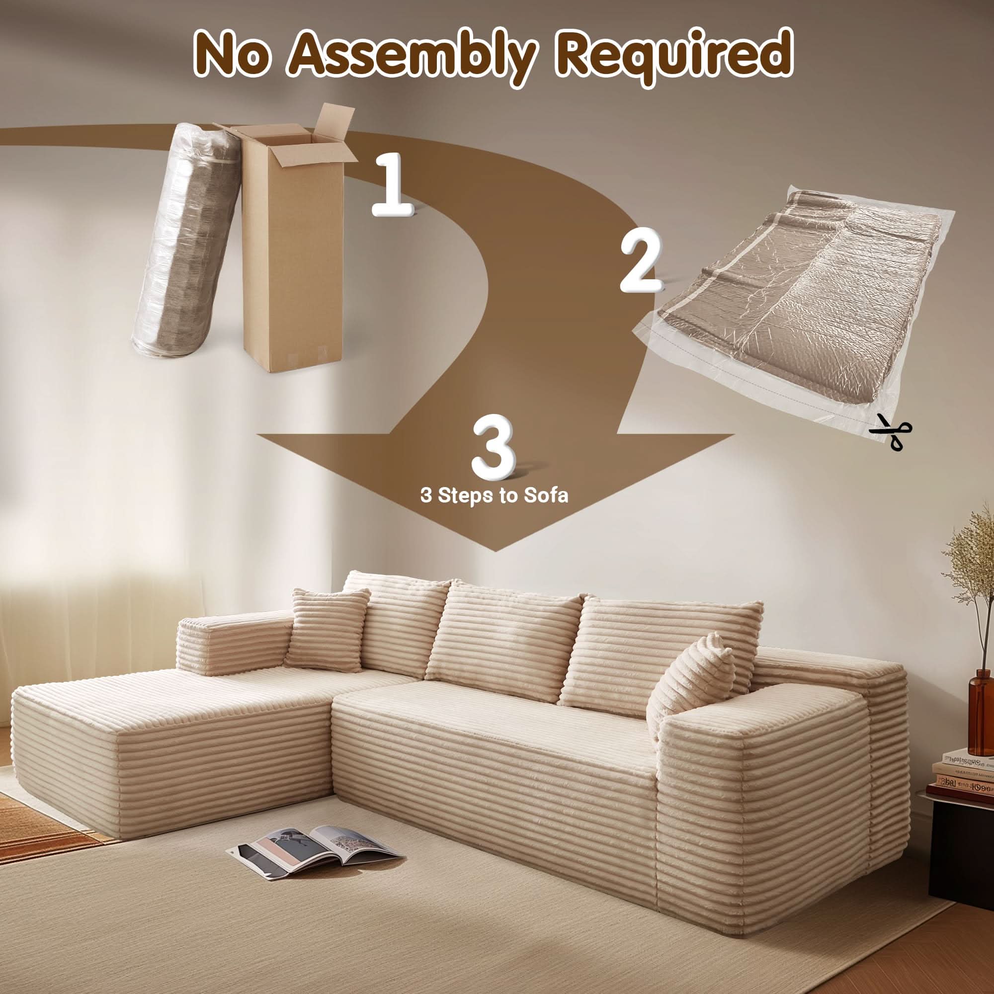 No Assembly Required  104" L-Shape Modular Couch with Chaise, Plush Corduroy Fabric, 