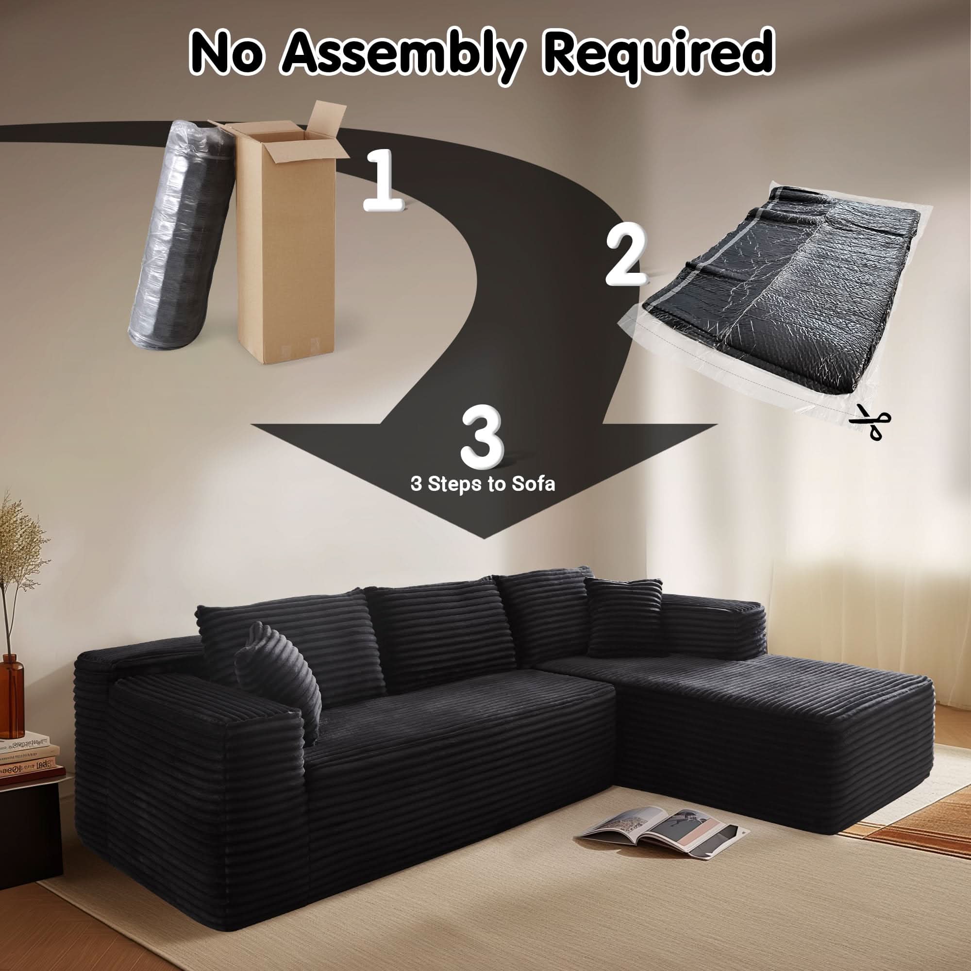 No Assembly Required  104" L-Shape Modular Couch with Chaise, Plush Corduroy Fabric, 