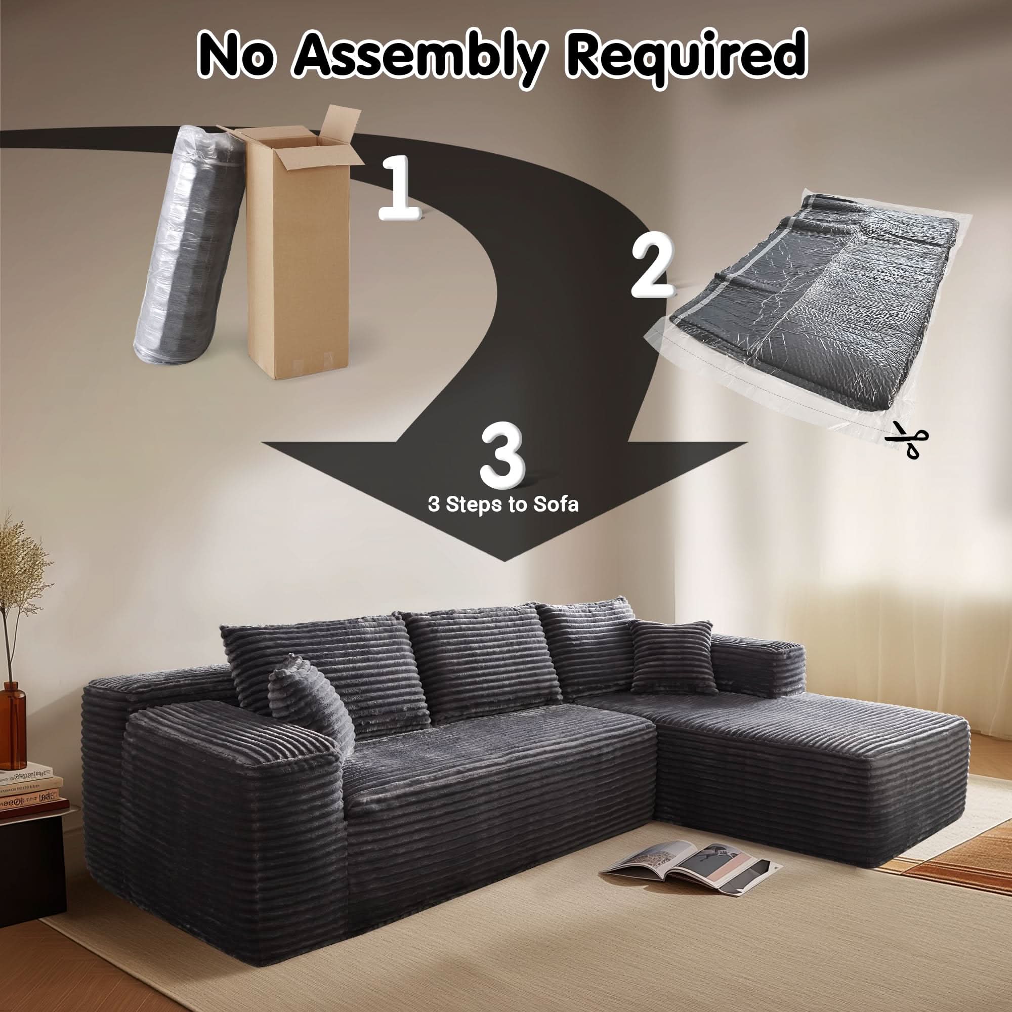 No Assembly Required  104" L-Shape Modular Couch with Chaise, Plush Corduroy Fabric, 
