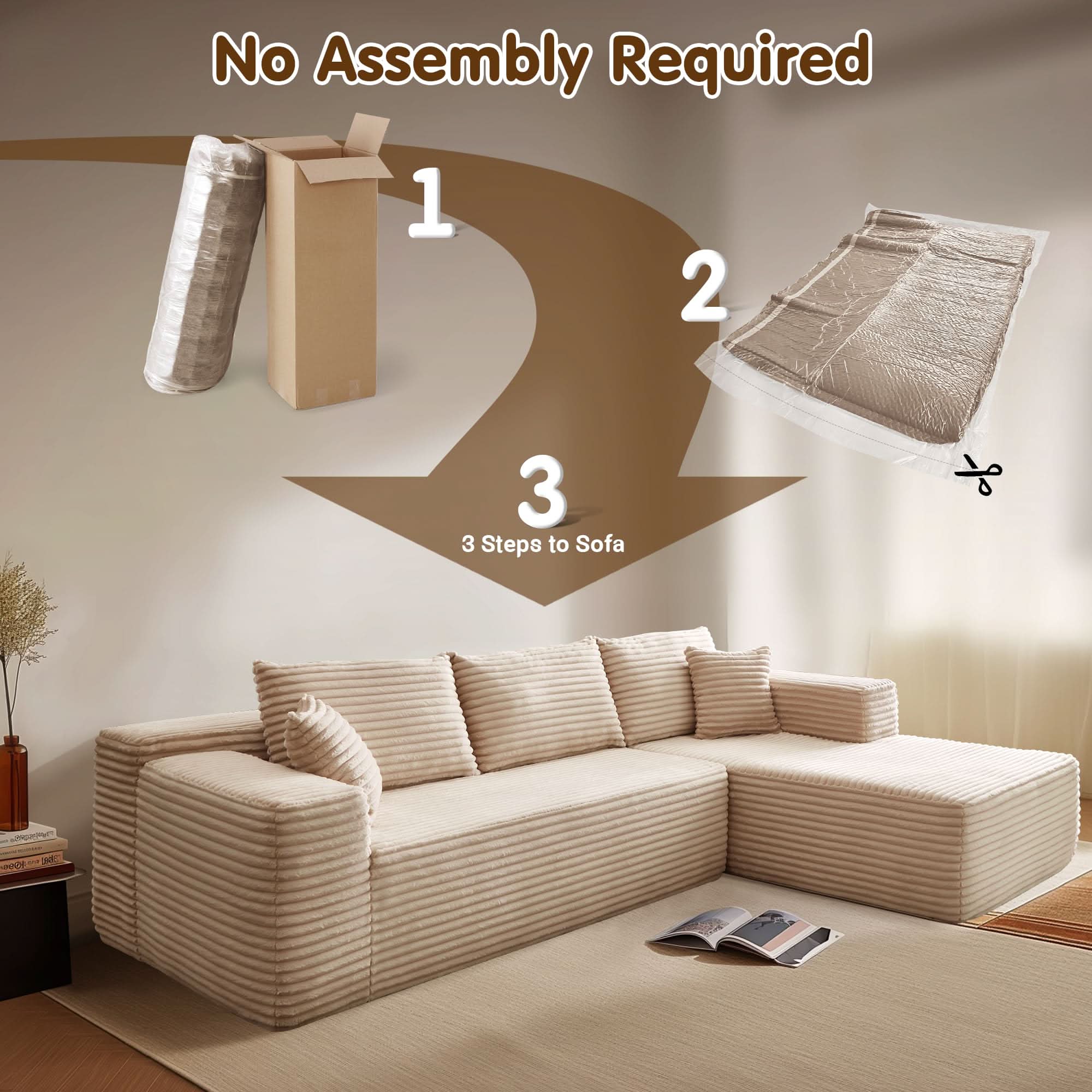 No Assembly Required  104" L-Shape Modular Couch with Chaise, Plush Corduroy Fabric, 