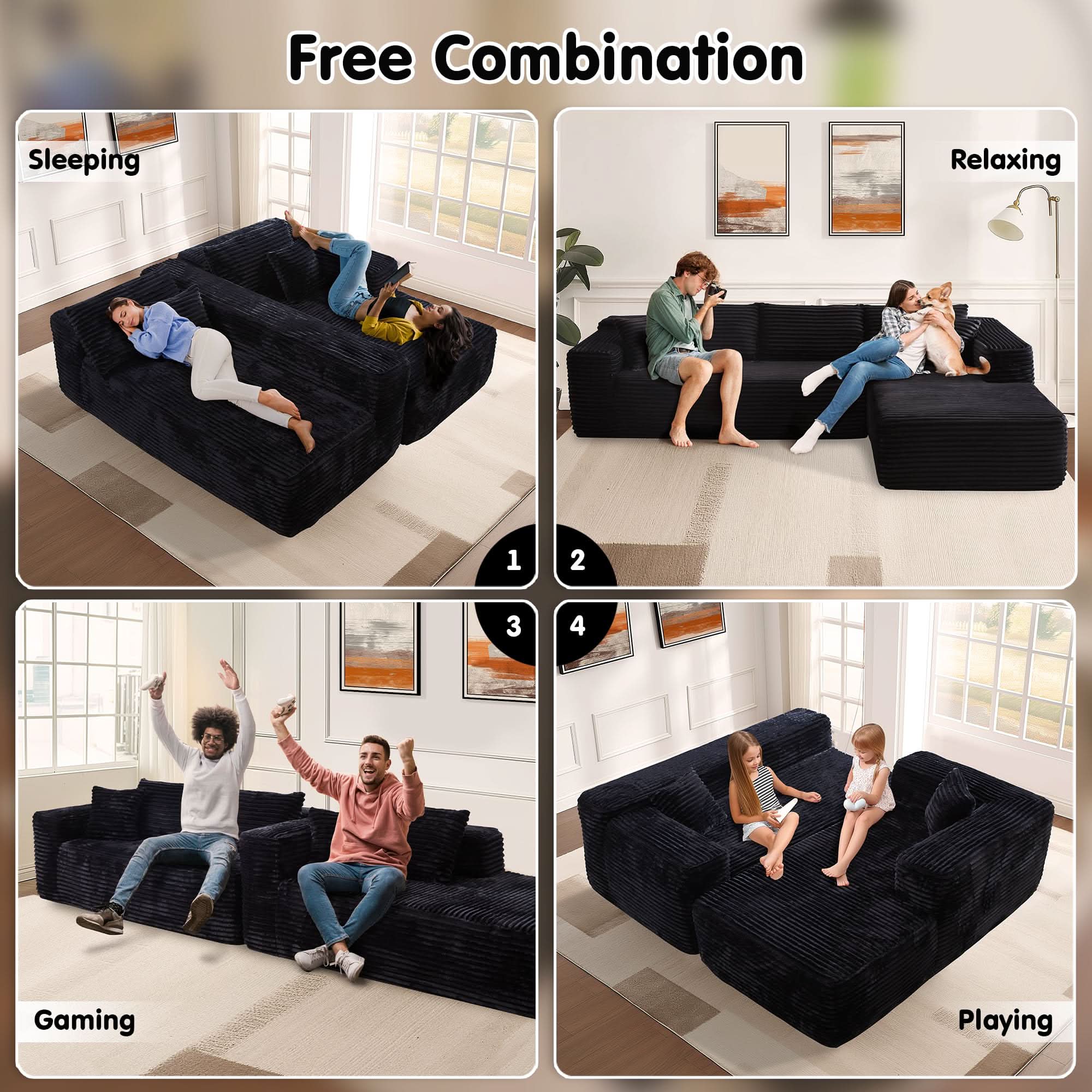 No Assembly Required  104" L-Shape Modular Couch with Chaise, Plush Corduroy Fabric, 