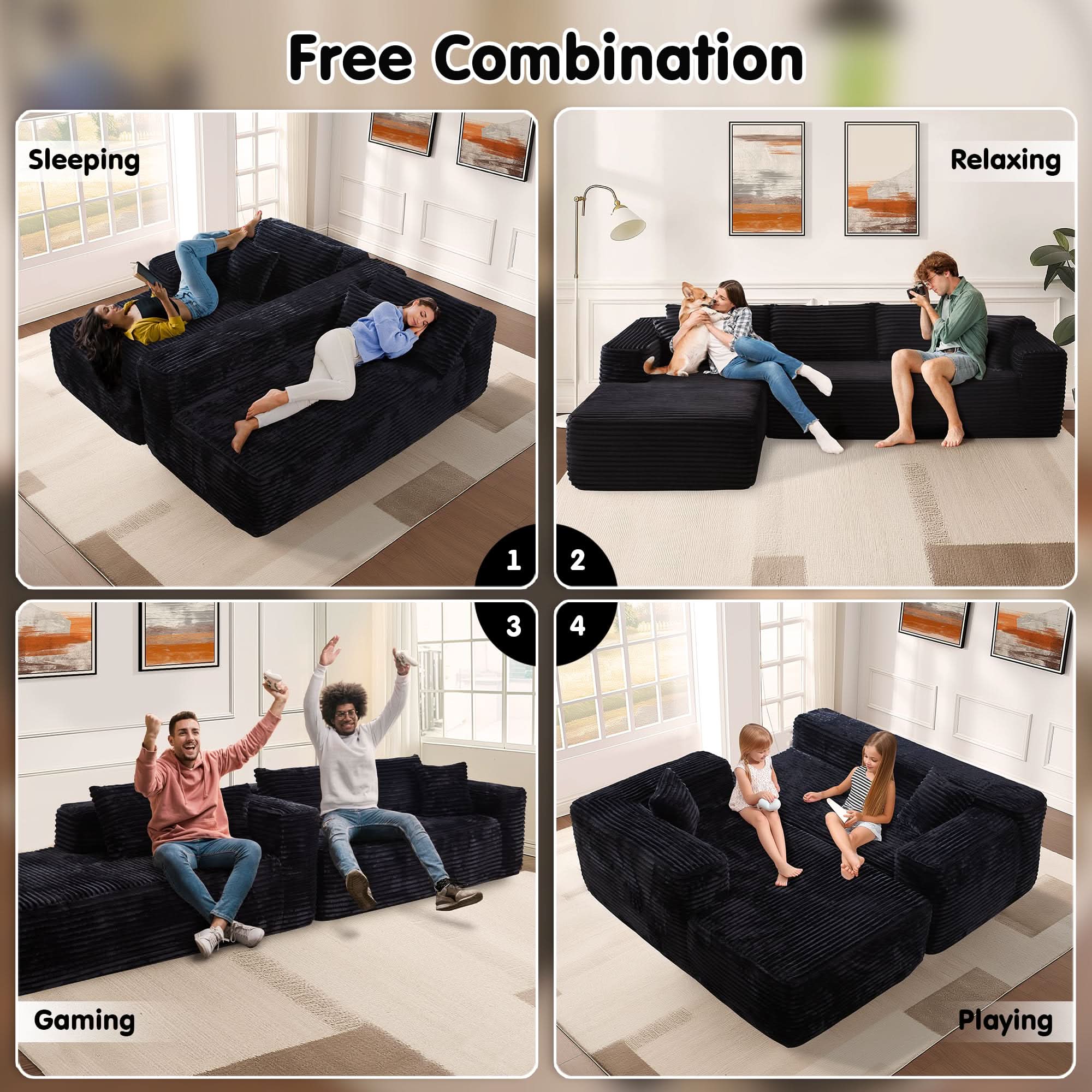 No Assembly Required  104" L-Shape Modular Couch with Chaise, Plush Corduroy Fabric, 