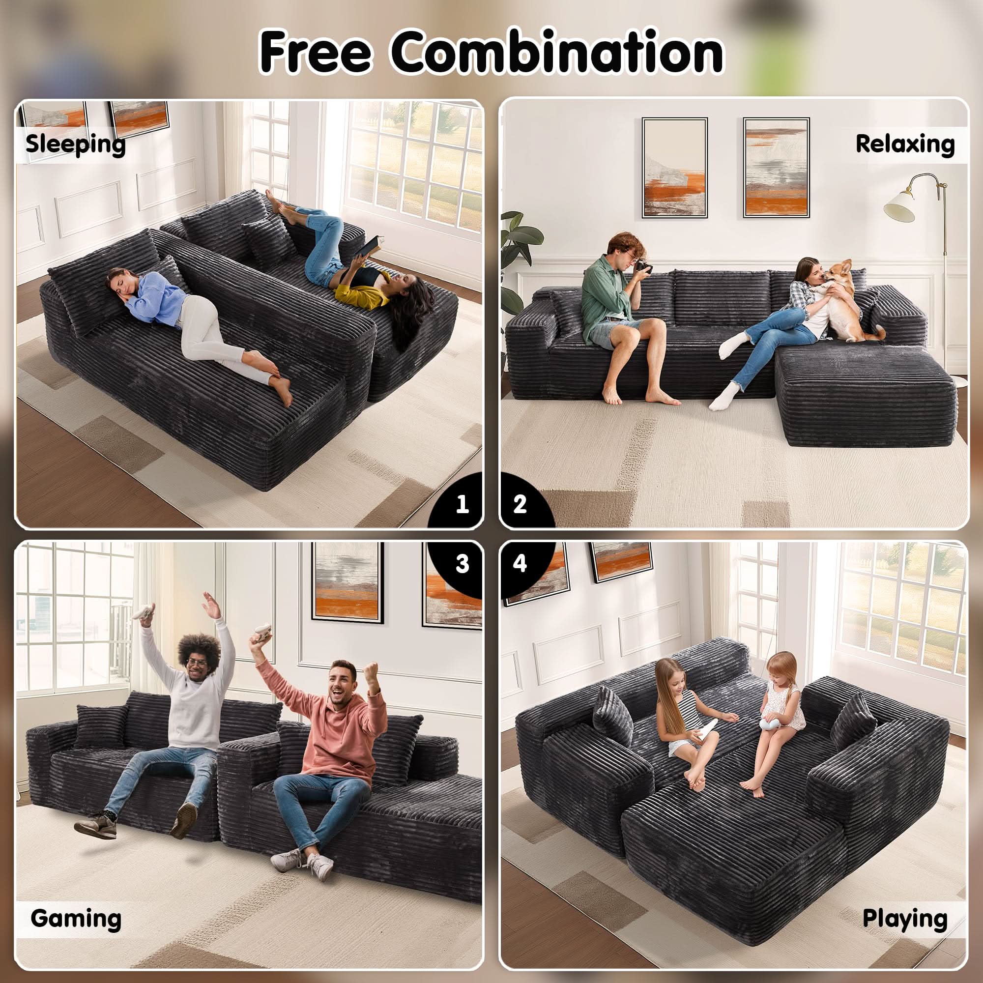 No Assembly Required  104" L-Shape Modular Couch with Chaise, Plush Corduroy Fabric, 