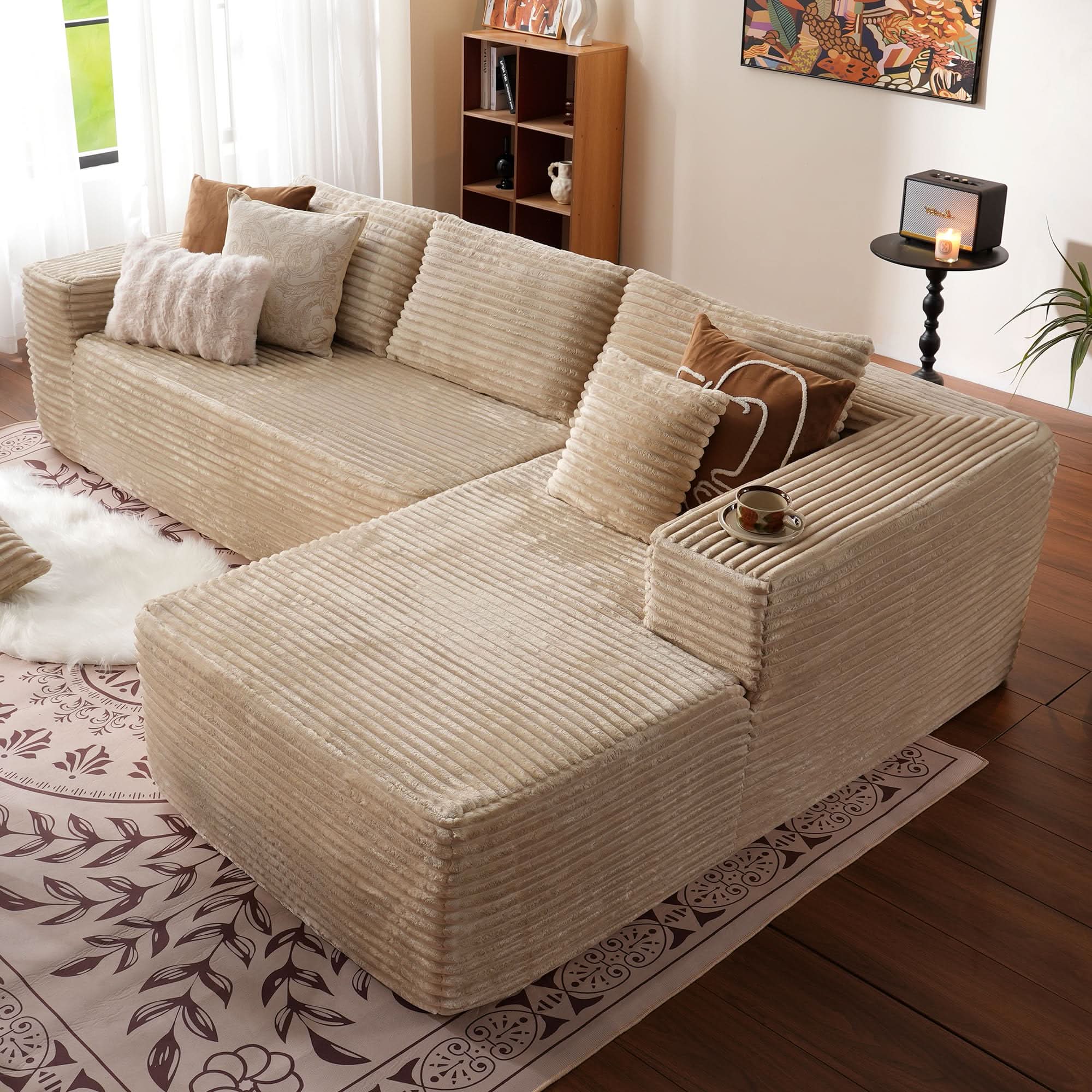 No Assembly Required  104" L-Shape Modular Couch with Chaise, Plush Corduroy Fabric, 