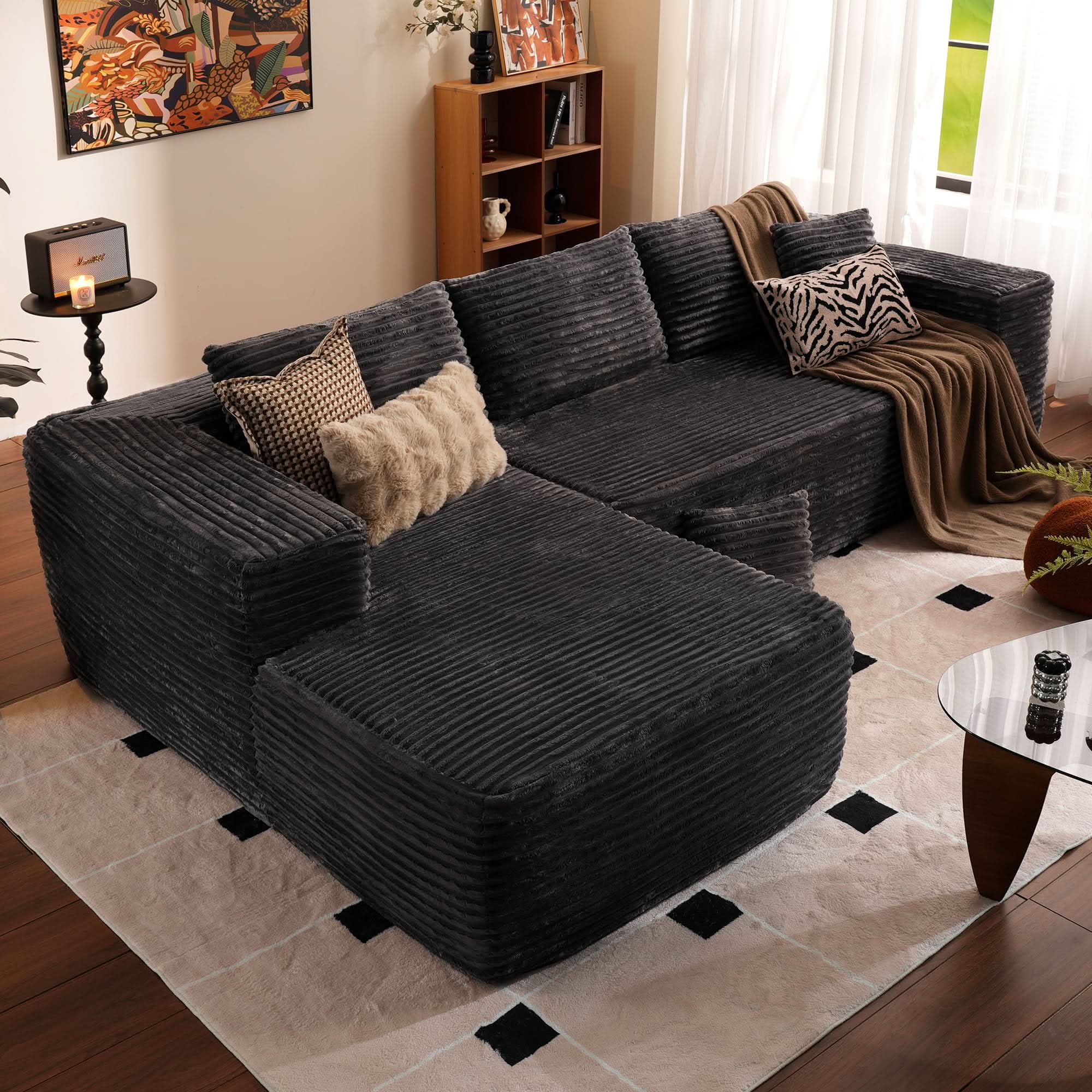 No Assembly Required  104" L-Shape Modular Couch with Chaise, Plush Corduroy Fabric, 