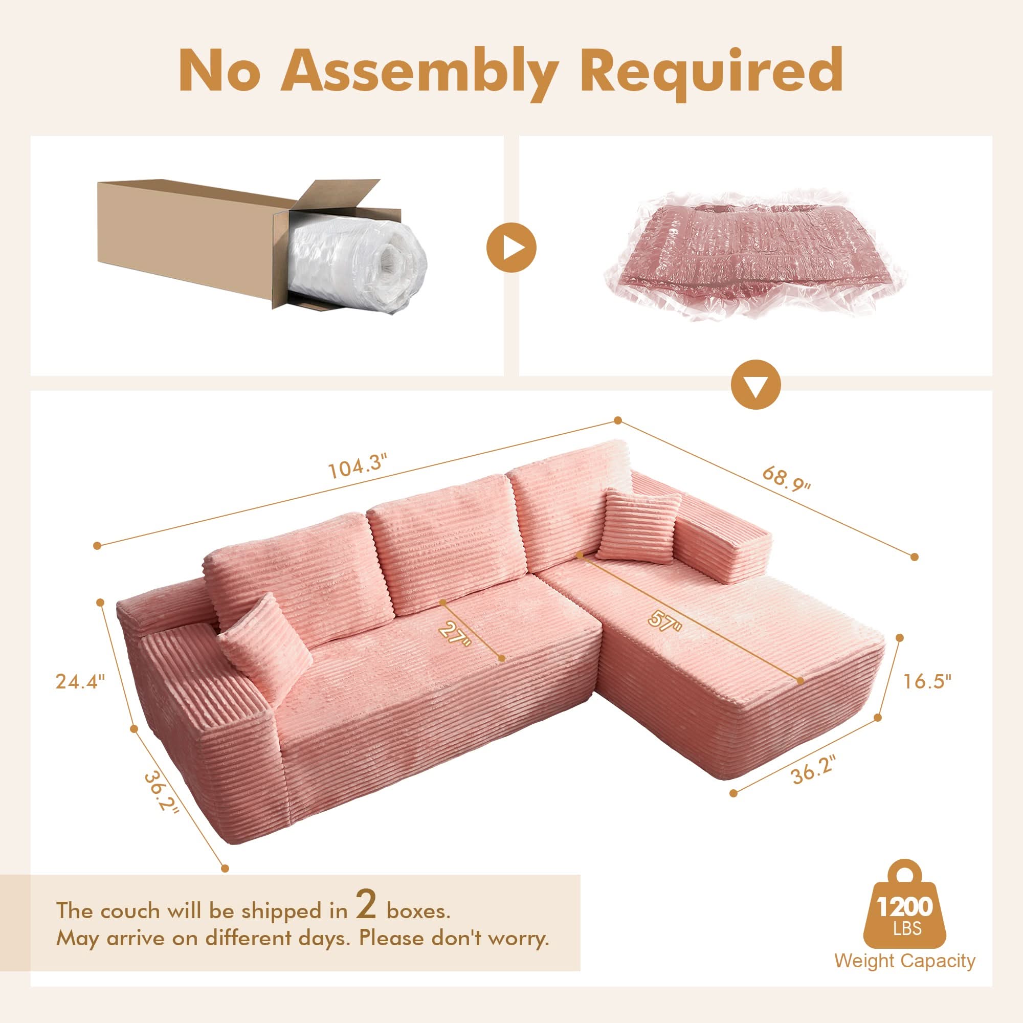 No Assembly Required  104" L-Shape Modular Couch with Chaise, Plush Corduroy Fabric, 