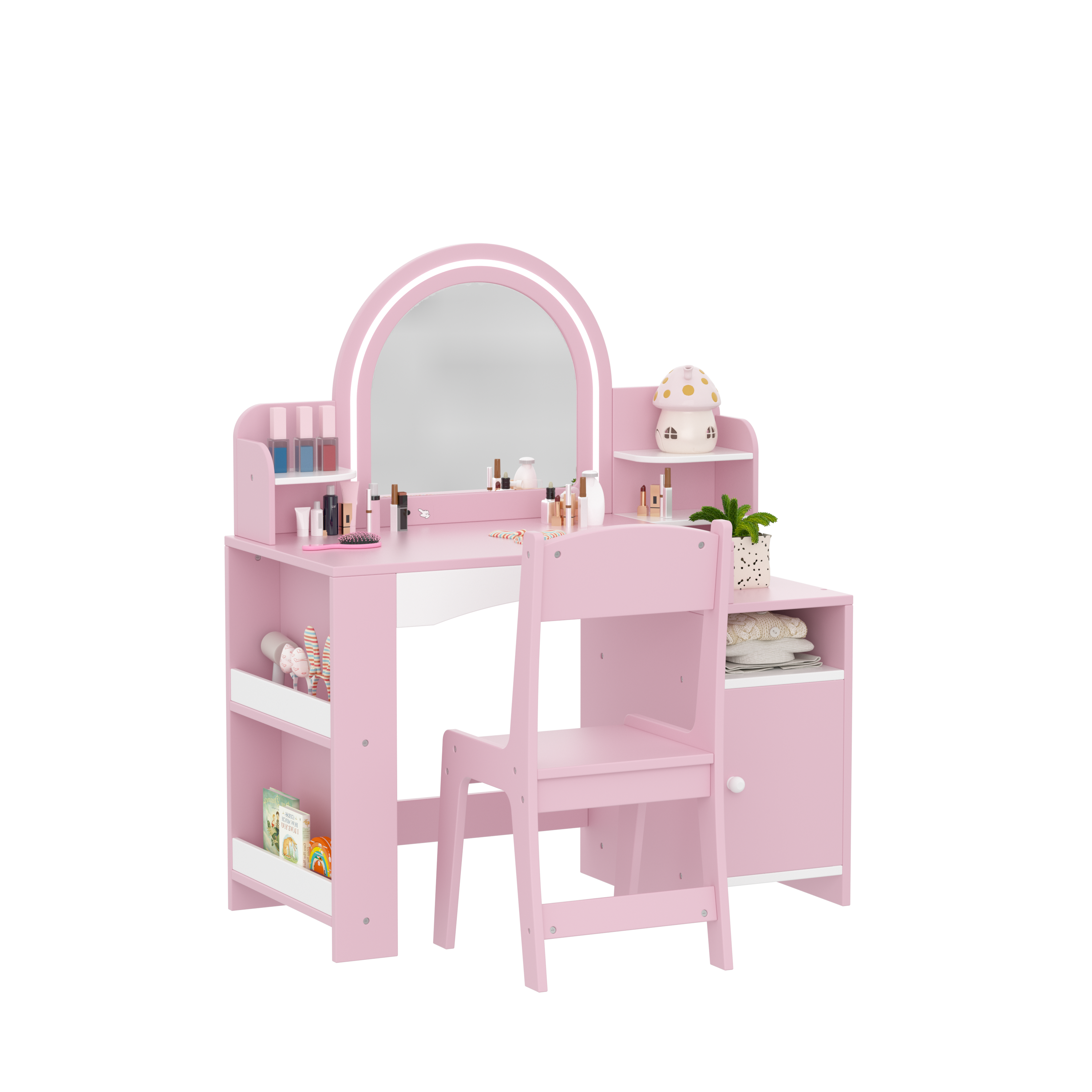 Kids Vanity Table with Mirror, 2 in 1 Girls Vanity Set with Jewelry Storage, Princess Makeup Vanity Desk & Chair Set with Open Shelves, Wooden Pretend Playset