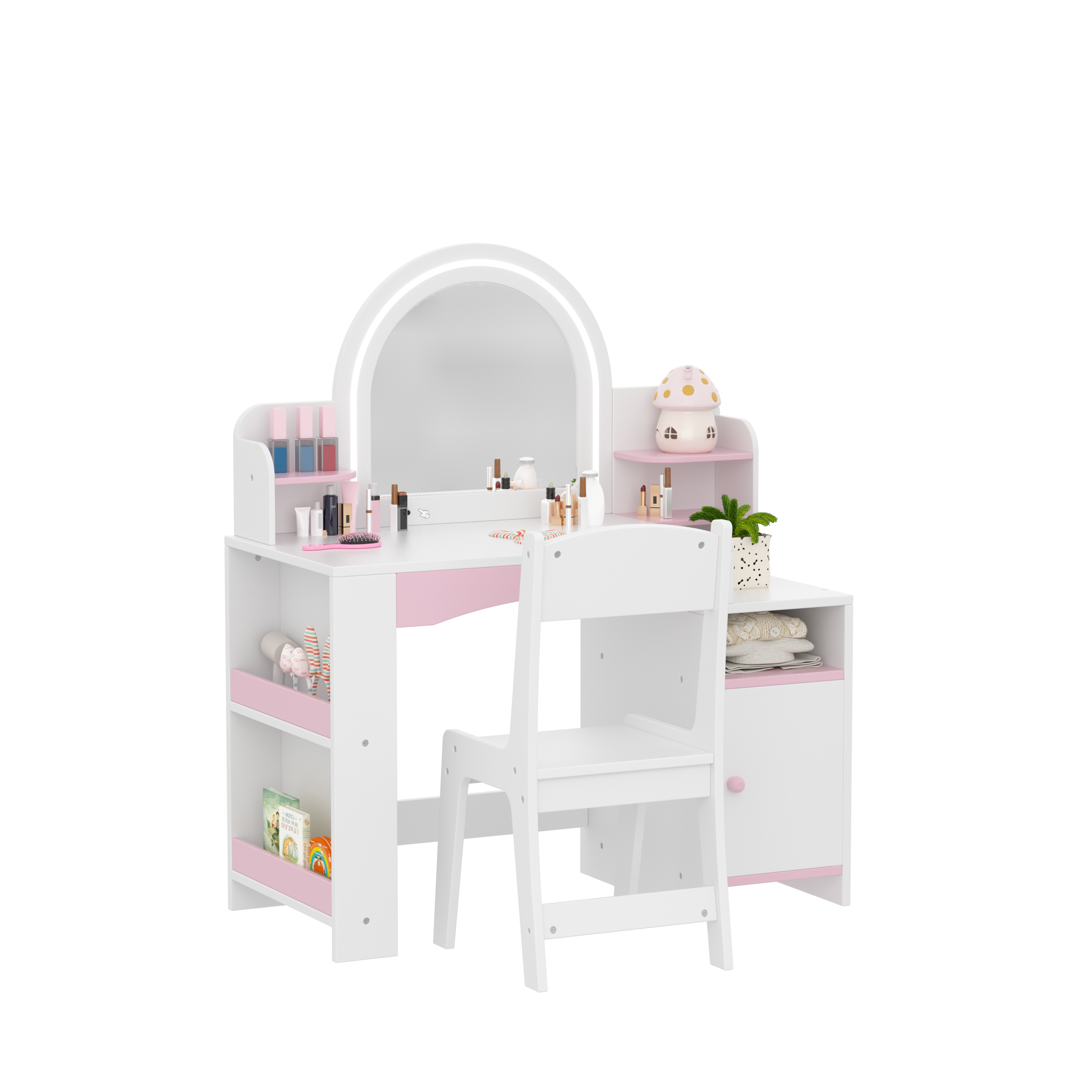 Kids Vanity Table with Mirror, 2 in 1 Girls Vanity Set with Jewelry Storage, Princess Makeup Vanity Desk & Chair Set with Open Shelves, Wooden Pretend Playset