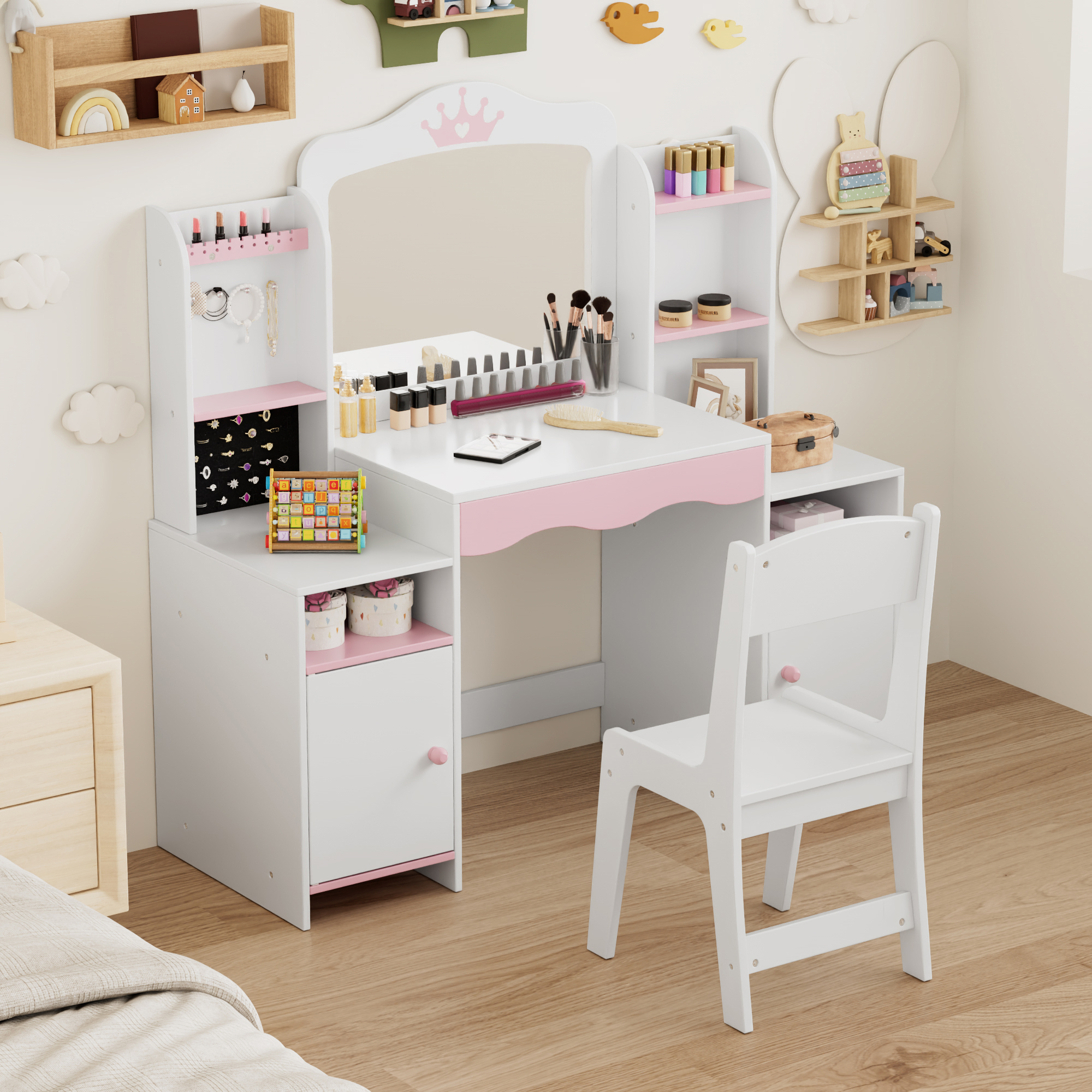 Reasea Kids Vanity, Girl Vanity Set with Mirror and Stool, 2 in 1 Toddler Makeup Vanity Table with Jewelry Storage