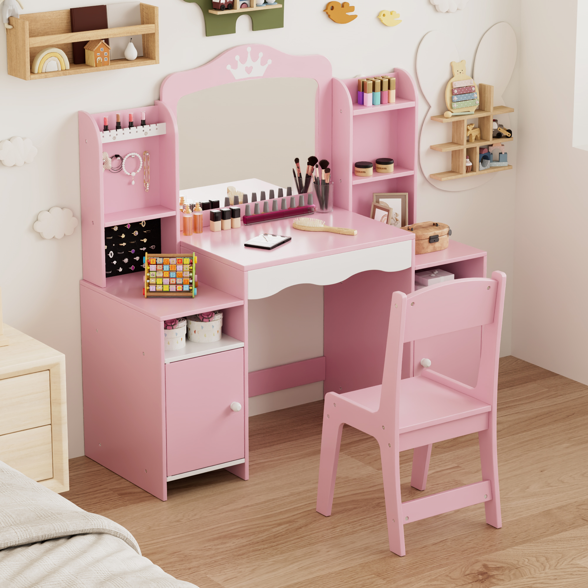 Reasea Kids Vanity, Girl Vanity Set with Mirror and Stool, 2 in 1 Toddler Makeup Vanity Table with Jewelry Storage