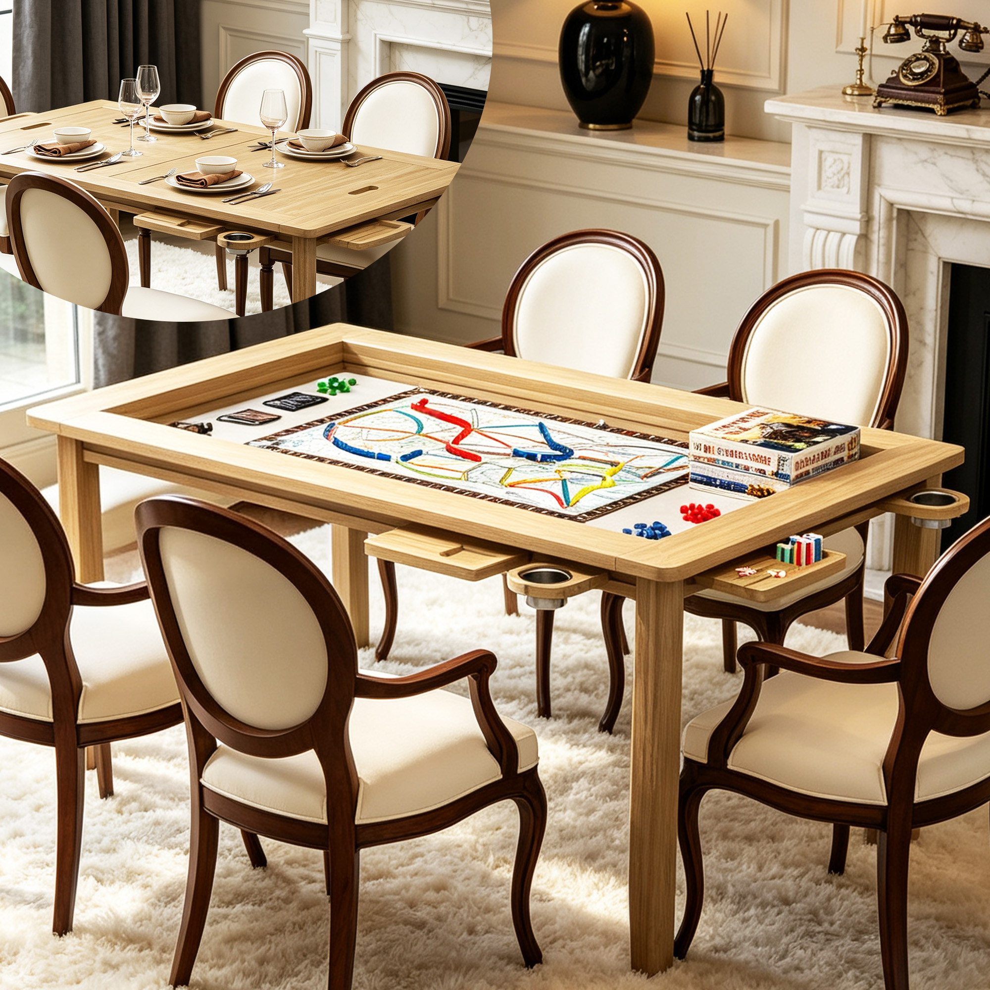 Reasea 66"x 39" Solid Wood Board Game Dining Table with Removable Top, PU Leather Mat, 4 Cup Holders & 4 Hobby Trays, Seats 4-6