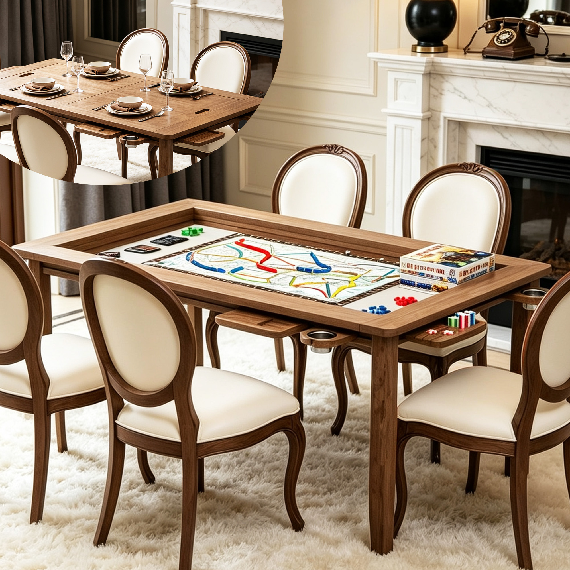 Reasea 66"x 39" Solid Wood Board Game Dining Table with Removable Top, PU Leather Mat, 4 Cup Holders & 4 Hobby Trays, Seats 4-6
