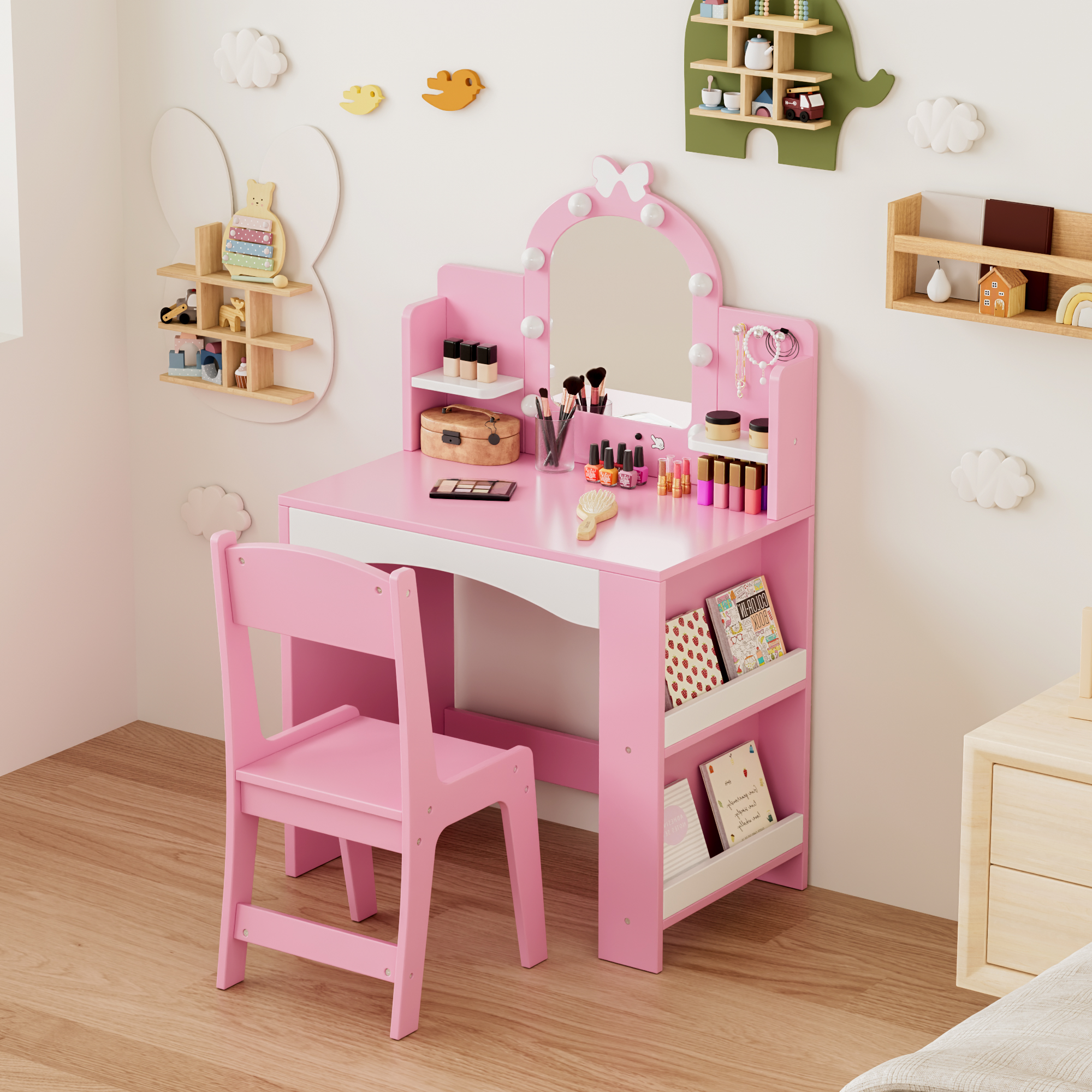 Reasea 1 Piece Kids LED Lights Vanity Desk Table Set