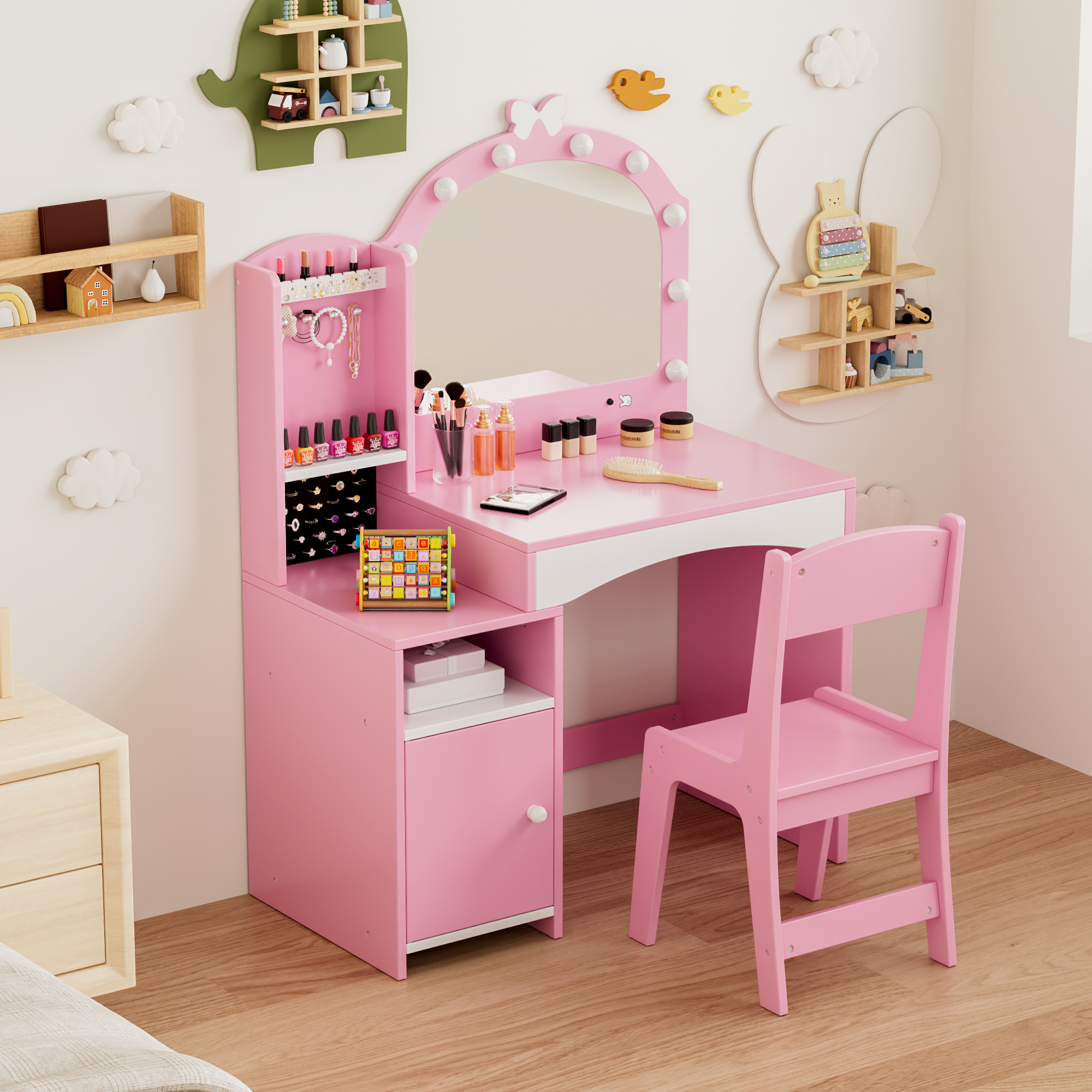 Reasea Pink Wooden Girls Vanity Table Set with Mirror, Chair & Jewelry Storage - 2-in-1 Makeup Desk for Pretend Play, Princess Dressing Station for Kids