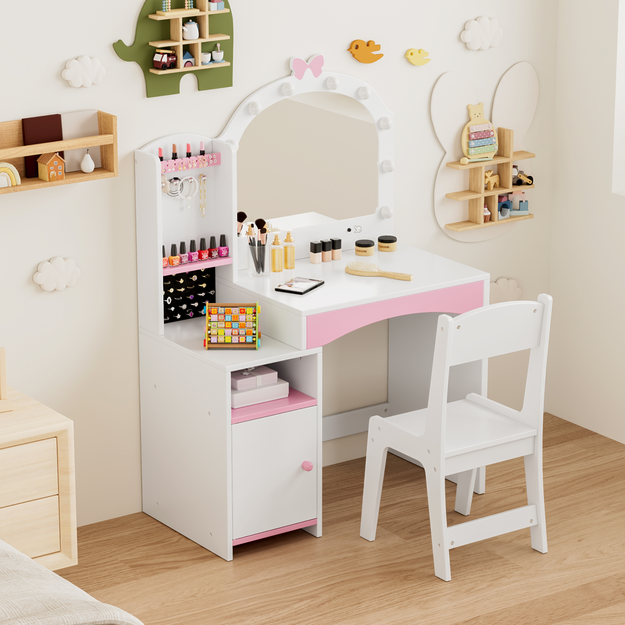 Reasea Pink Wooden Girls Vanity Table Set with Mirror, Chair & Jewelry Storage - 2-in-1 Makeup Desk for Pretend Play, Princess Dressing Station for Kids