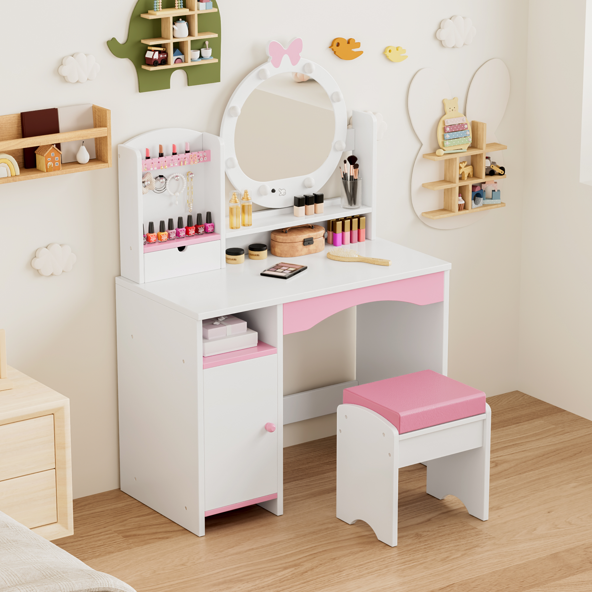 Reasea Kids Vanity Table, Girls Vanity Set, Princess Makeup Vanity Desk & Chair Set