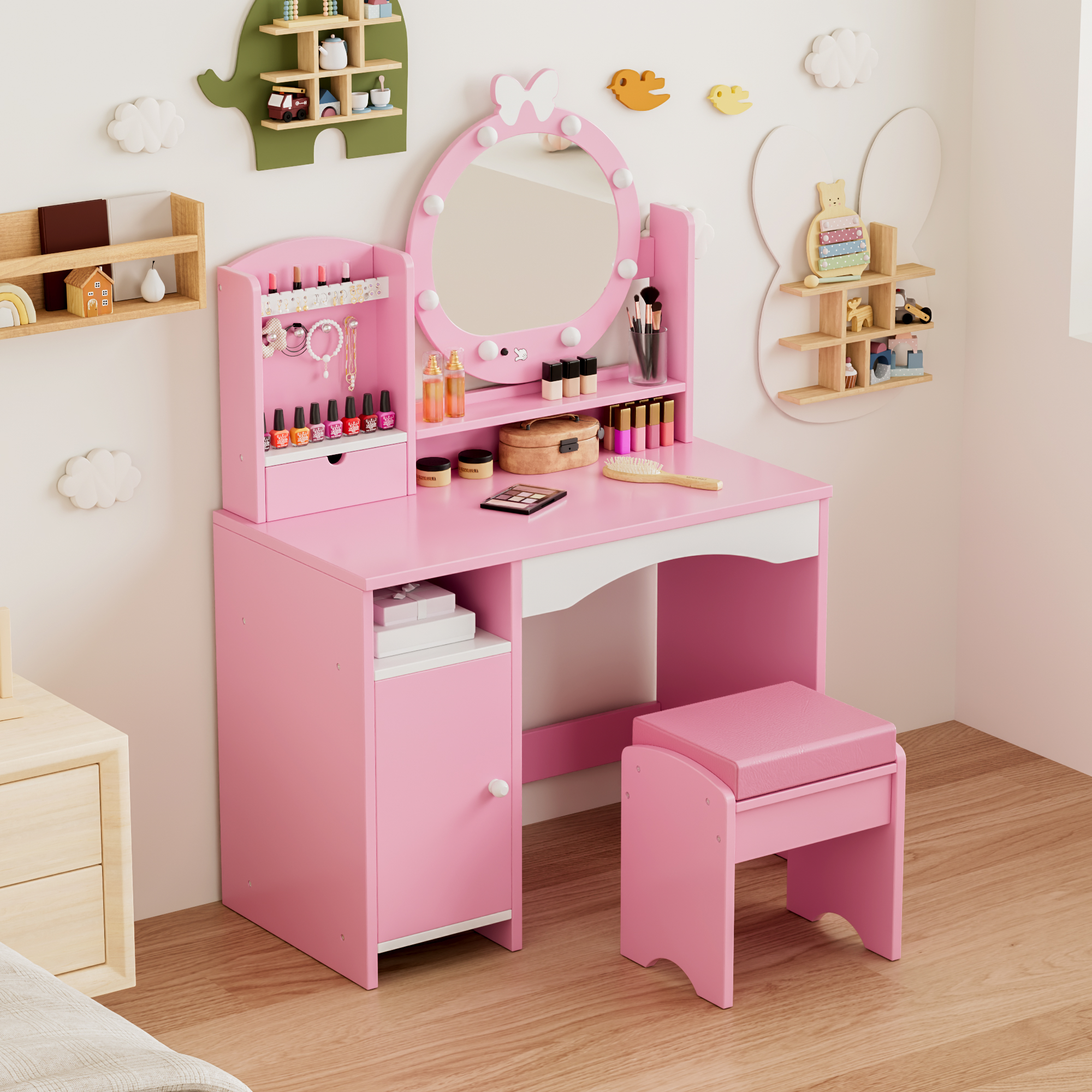 Reasea Kids Vanity Table, Girls Vanity Set, Princess Makeup Vanity Desk & Chair Set