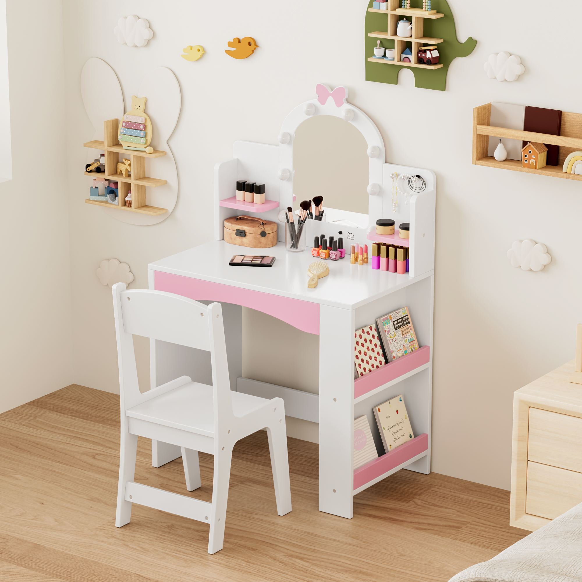 Reasea 1 Piece Kids LED Lights Vanity Desk Table Set