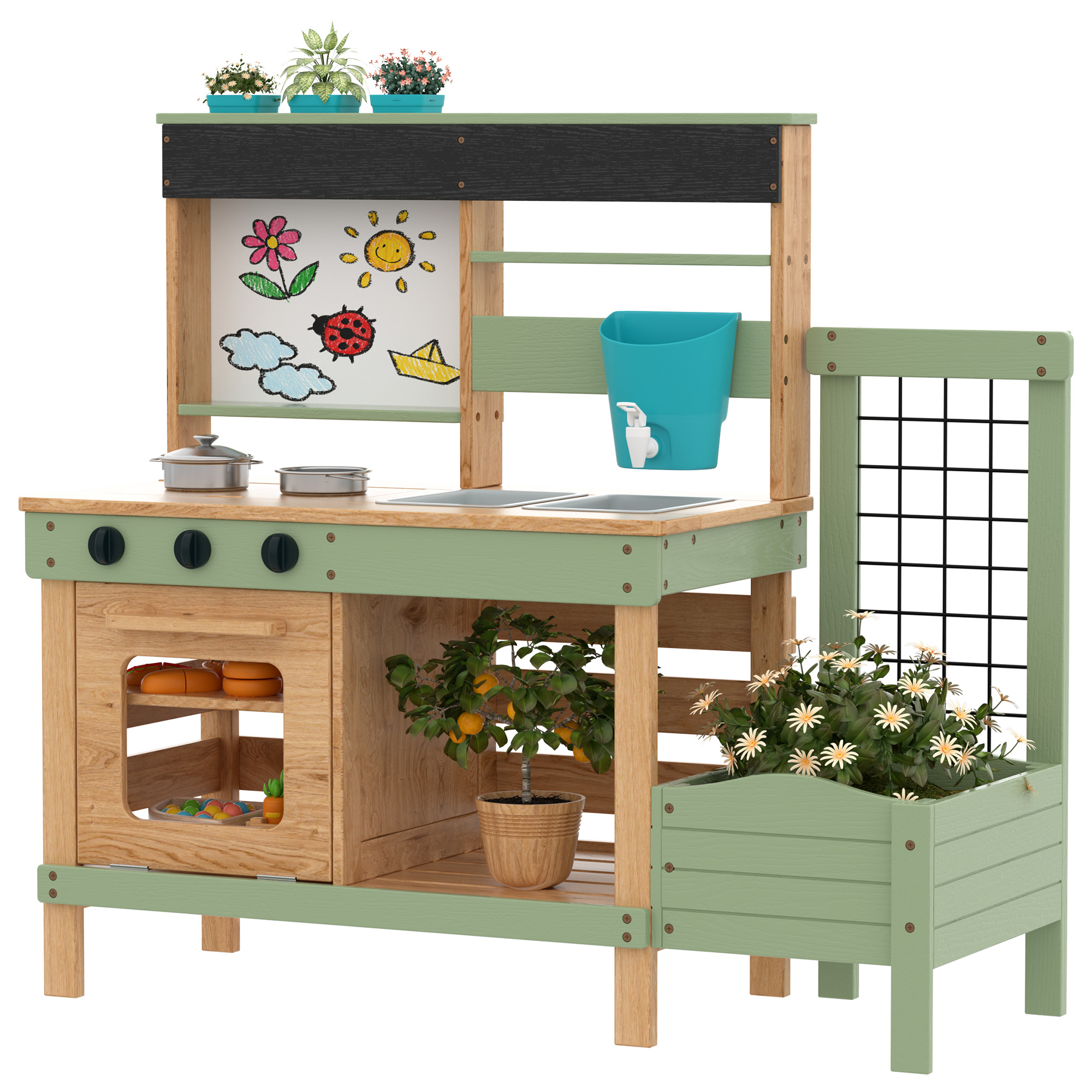 Reasea Outdoor Kids Wooden Mud Kitchen Playset, Plant Growing Box, Removable Sink, Oven Stove & Kitchen Accessories, Backyard Garden Pretend Play Toy