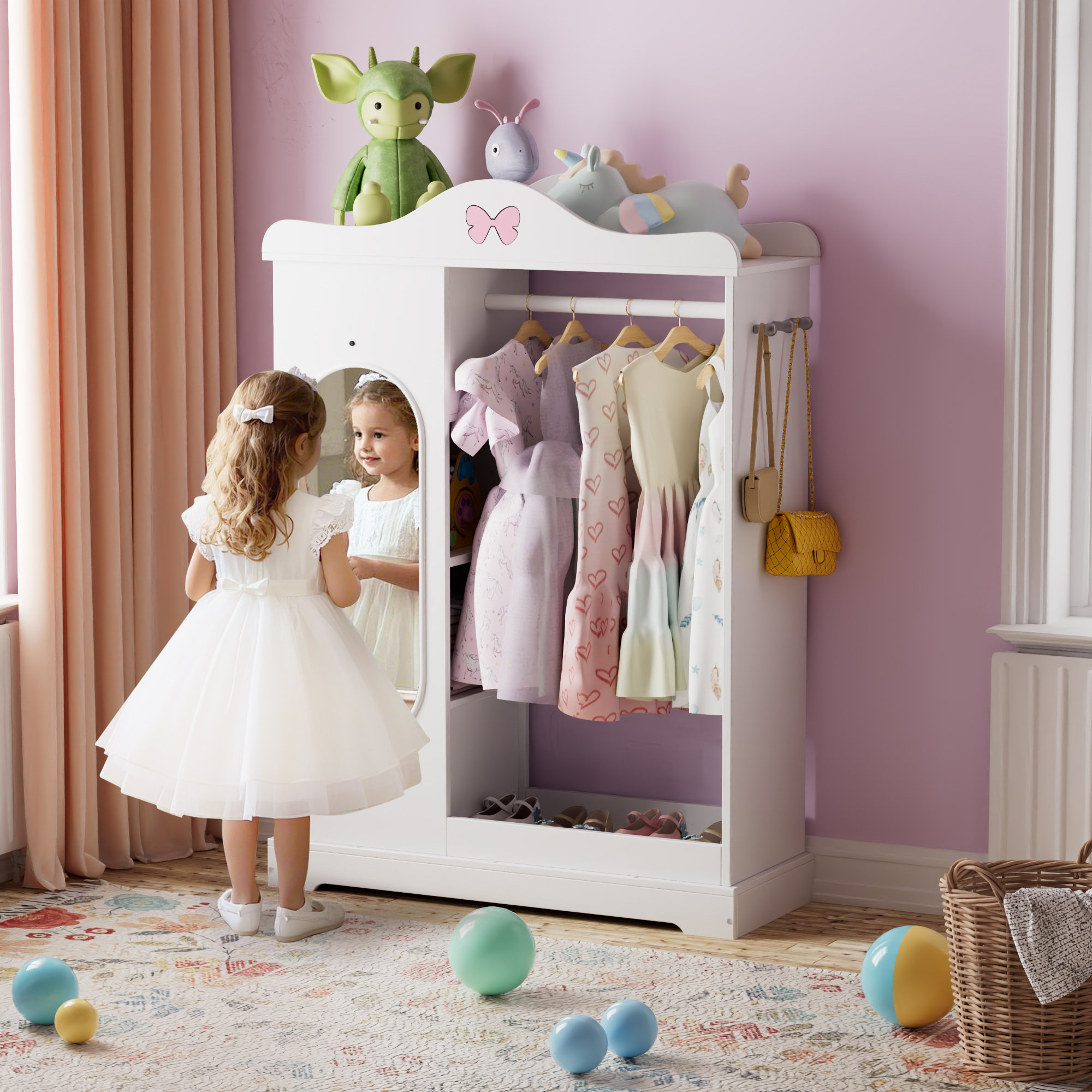 Reasea Kids Armoire with a Jewelry Cabinet, Princess Dress Up Closet with Mirror
