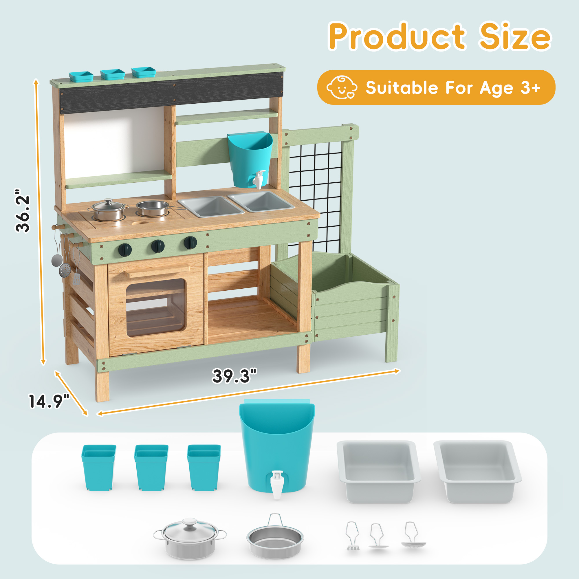 Reasea Outdoor Kids Wooden Mud Kitchen Playset, Plant Growing Box, Removable Sink, Oven Stove & Kitchen Accessories, Backyard Garden Pretend Play Toy