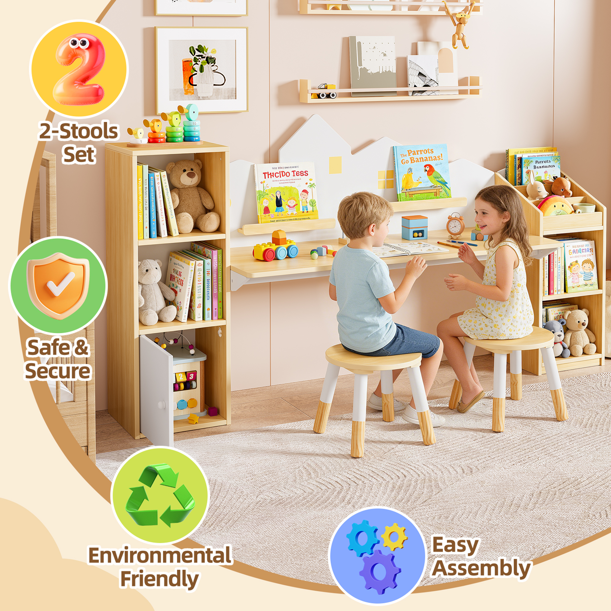 Reasea Kids Desk with Bookshelves & 2 Stools, Wooden Study Table Set with 5 Storage Cabinets, Children Writing & Drawing Table