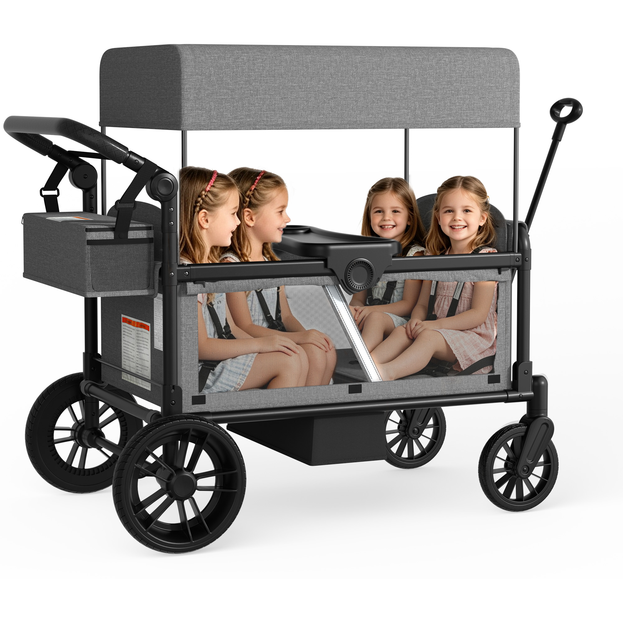Reasea 4-Seat Kids Stroller Wagon, Foldable Outdoor Utility Wagon with Side Entry, 5-Point Safety Harness, Adjustable Push Pull Handle & Removable Canopy