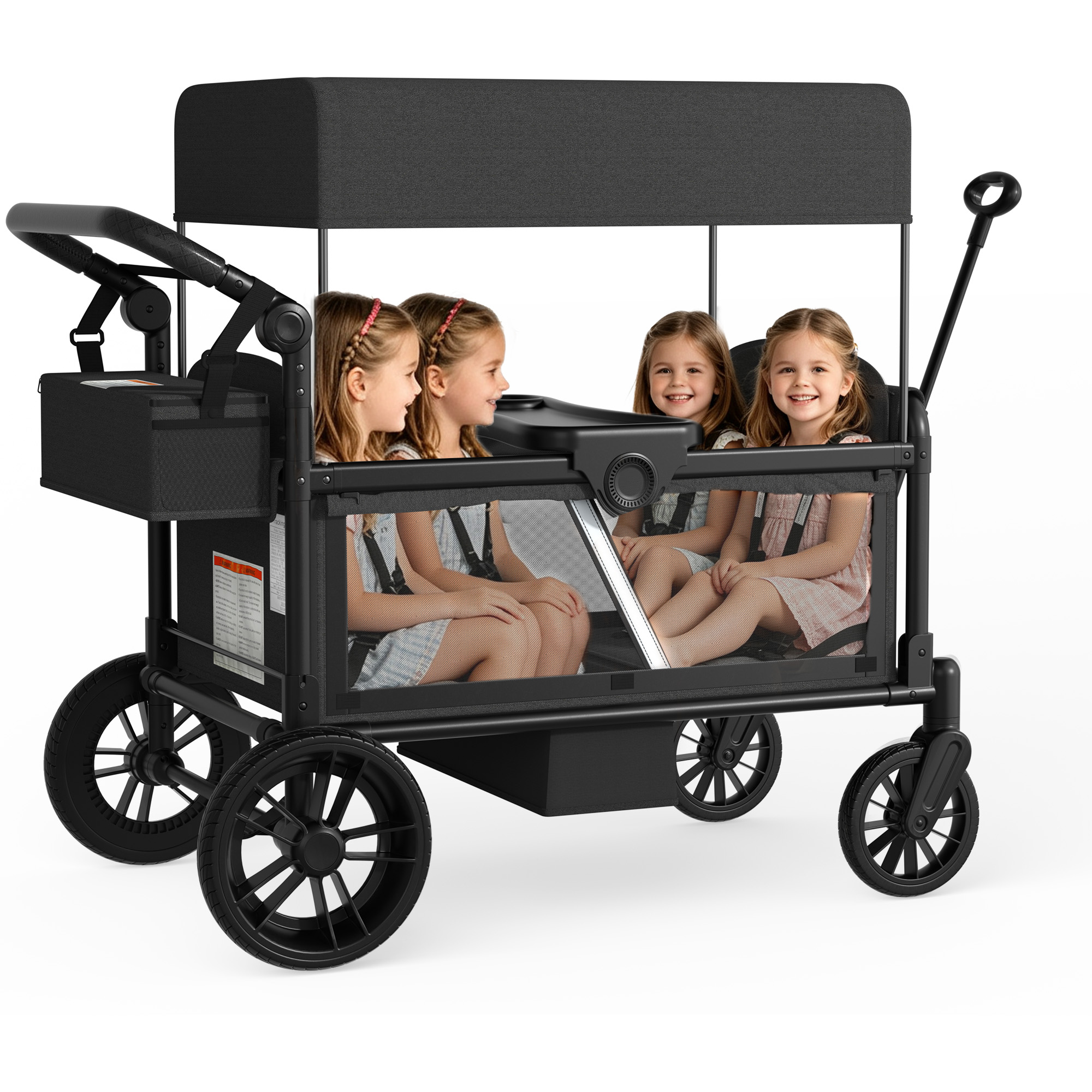 Reasea 4-Seat Kids Stroller Wagon, Foldable Outdoor Utility Wagon with Side Entry, 5-Point Safety Harness, Adjustable Push Pull Handle & Removable Canopy