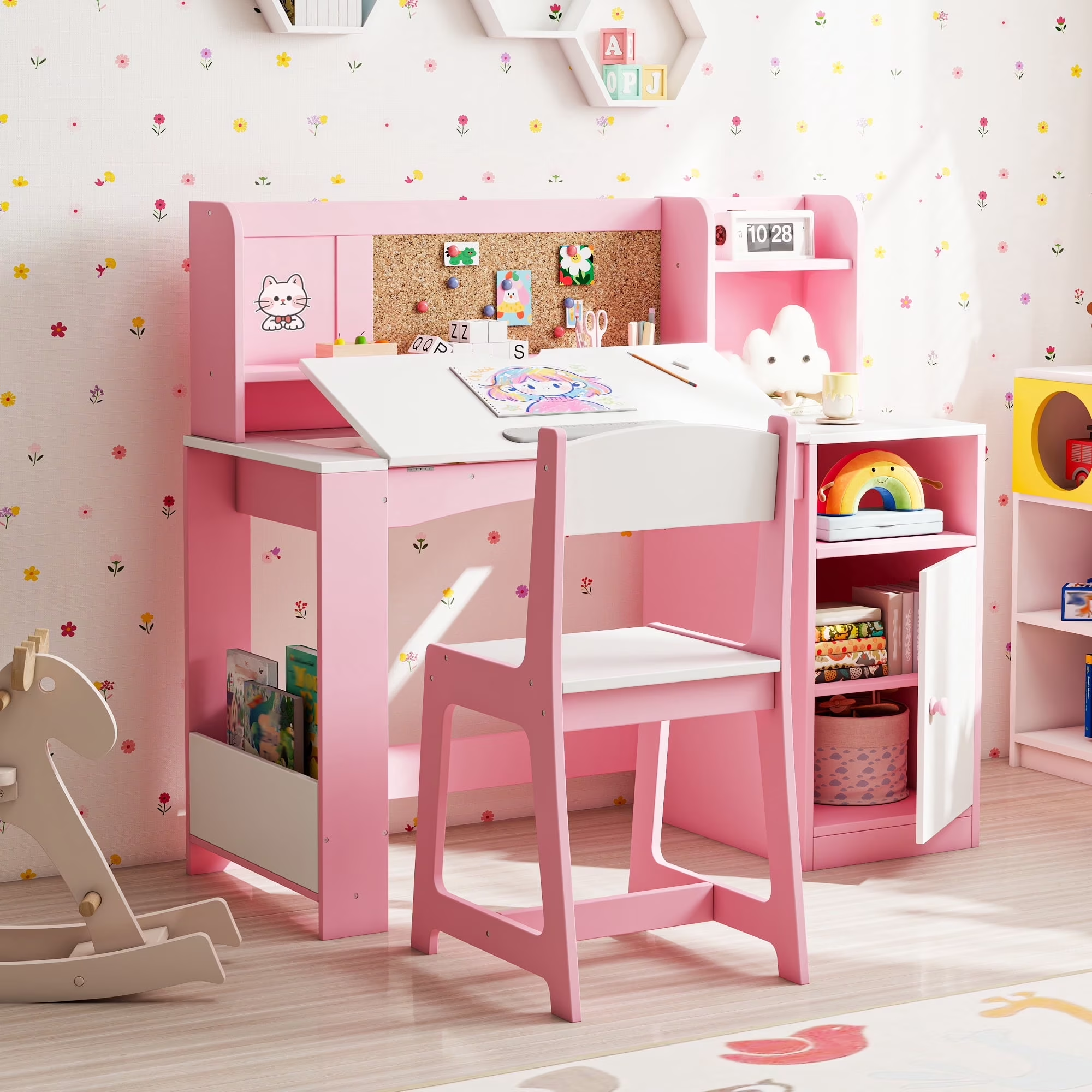 Reasea Kids Study Desk and Chair Set with Tiltable Desktop, Hutch & Storage - Wooden Writing Table for Ages 5-12