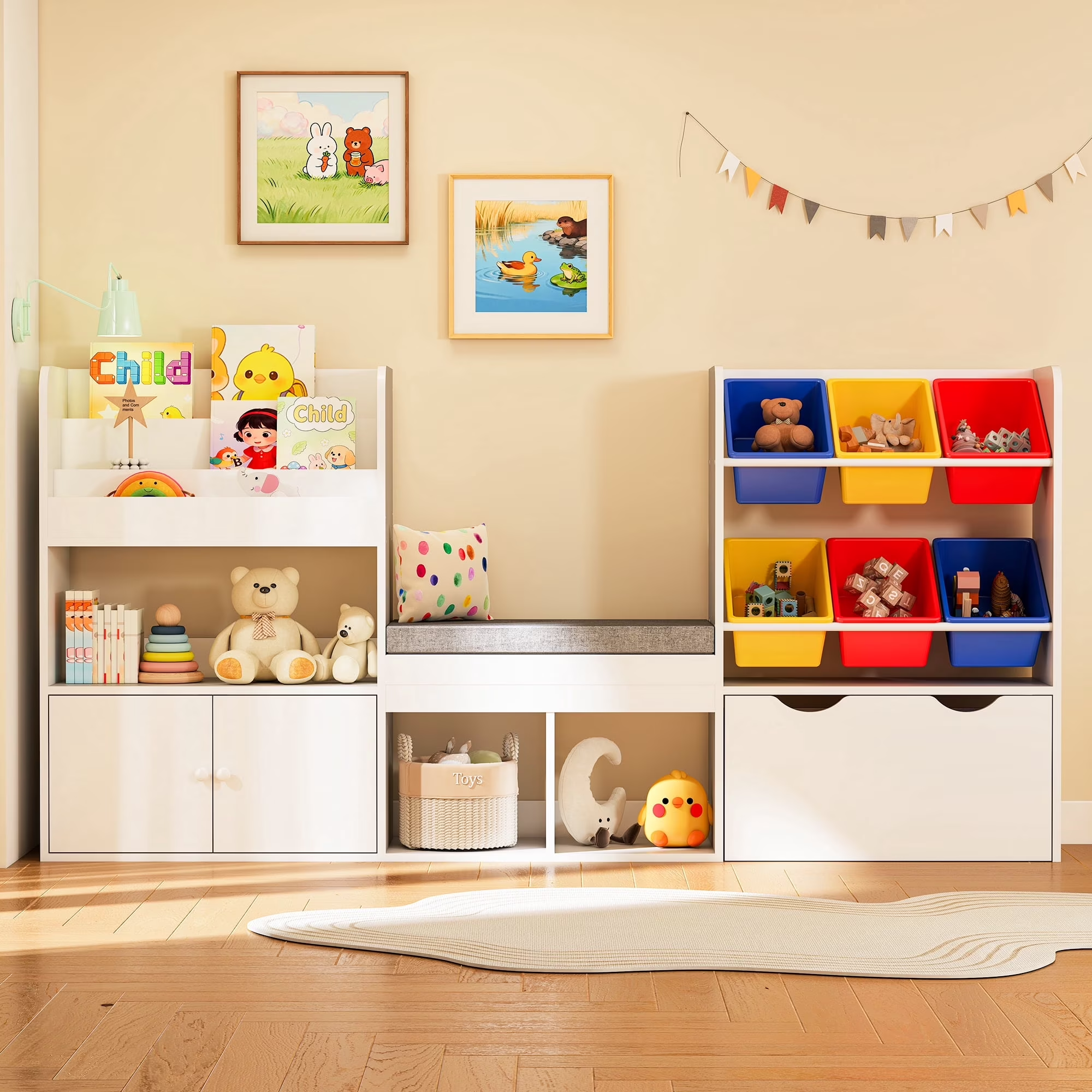 Reasea Kids Bookshelf with Reading Nook & Storage Bench, 73 Inch Toy Organizer with Movable Drawer & 6 Removable Bins, Montessori Reading Corner Furniture(Colorful Toy Bins)