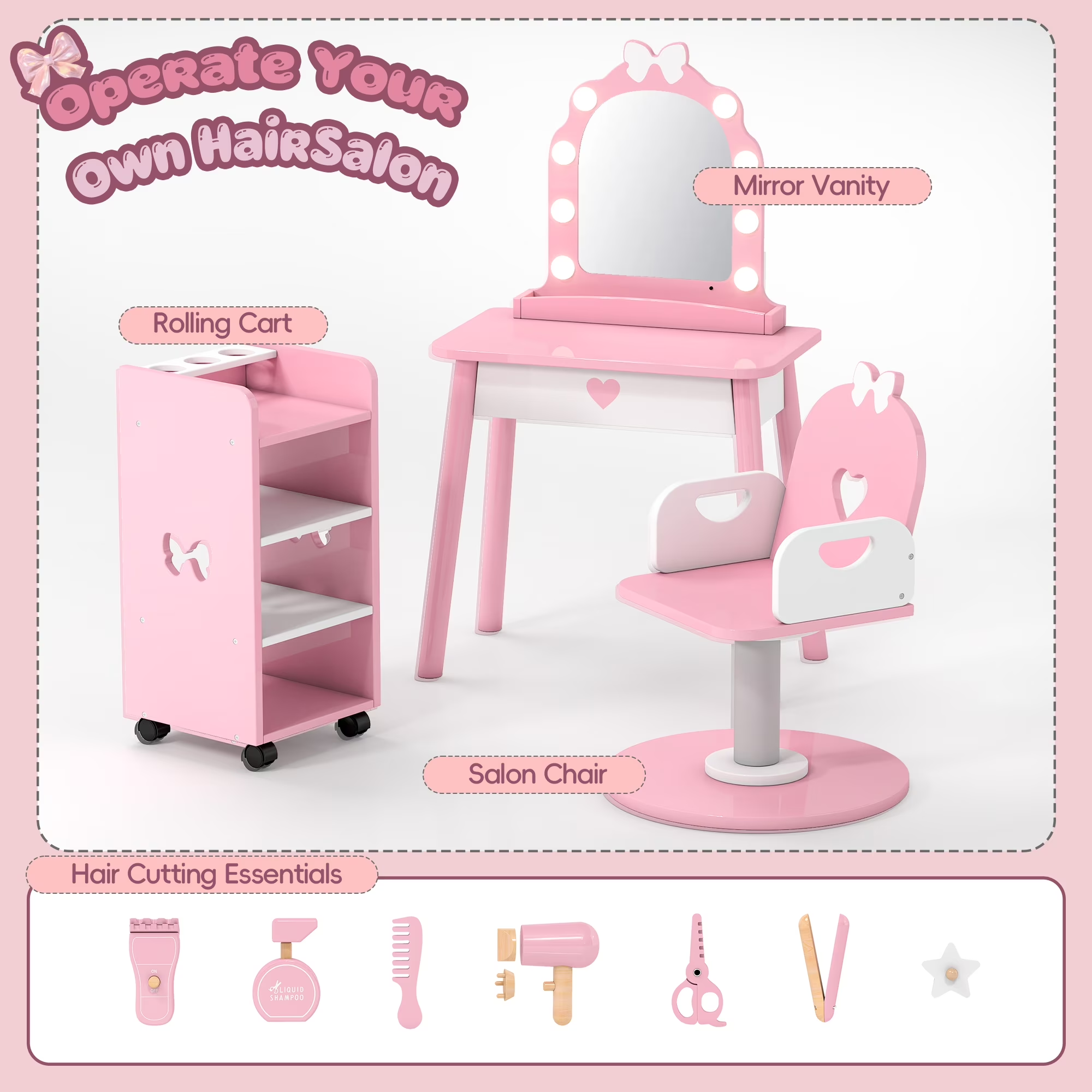 Reasea Kids Vanity Set with Light & Barber Chair, Pretend Play Makeup Dressing Table with Storage Shelf, 7 Pcs Hair Salon Accessories 