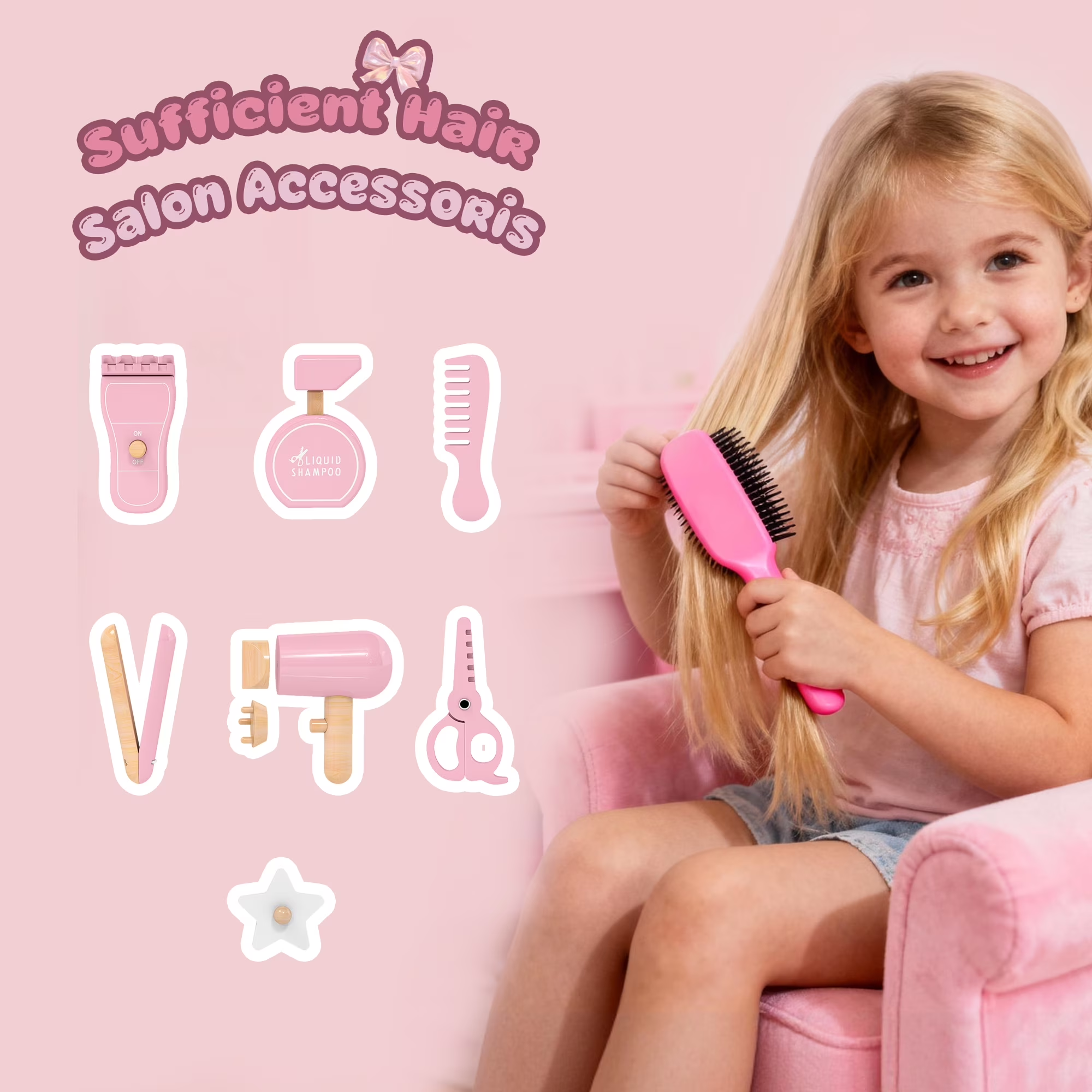 Reasea Kids Vanity Set with Light & Barber Chair, Pretend Play Makeup Dressing Table with Storage Shelf, 7 Pcs Hair Salon Accessories 