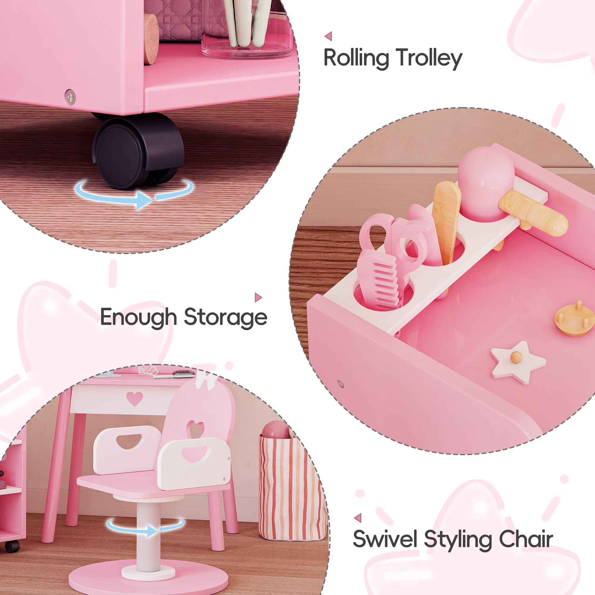 Reasea Kids Vanity Set with Light & Barber Chair, Pretend Play Makeup Dressing Table with Storage Shelf, 7 Pcs Hair Salon Accessories 